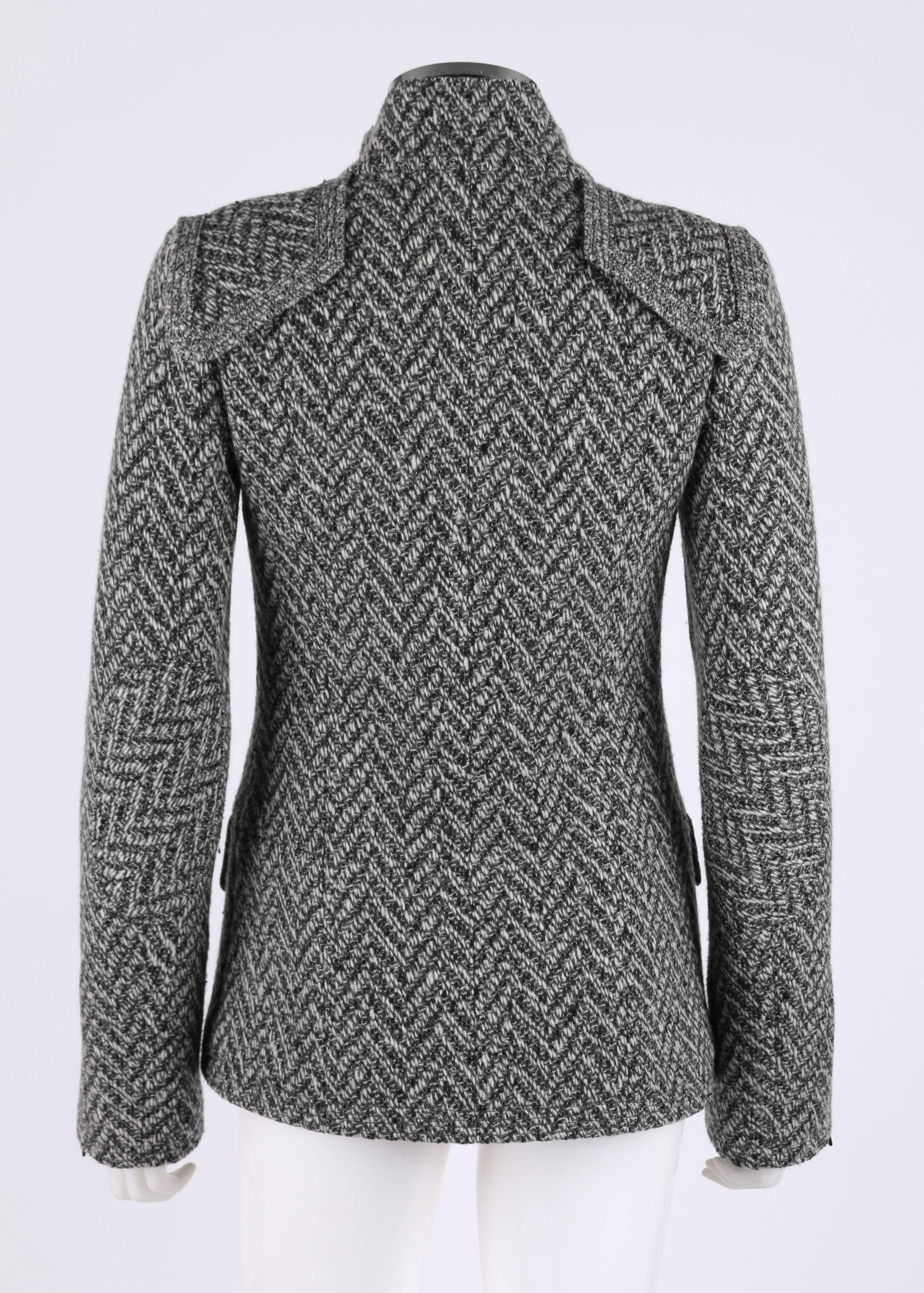 CHANEL A/W 2008 Collection Black White Wool Tweed Herringbone Dual Flap Jacket In Excellent Condition In Thiensville, WI