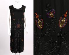 COUTURE c.1920s Black Silk Floral Beaded Embroidered Panel Flapper Evening Dress