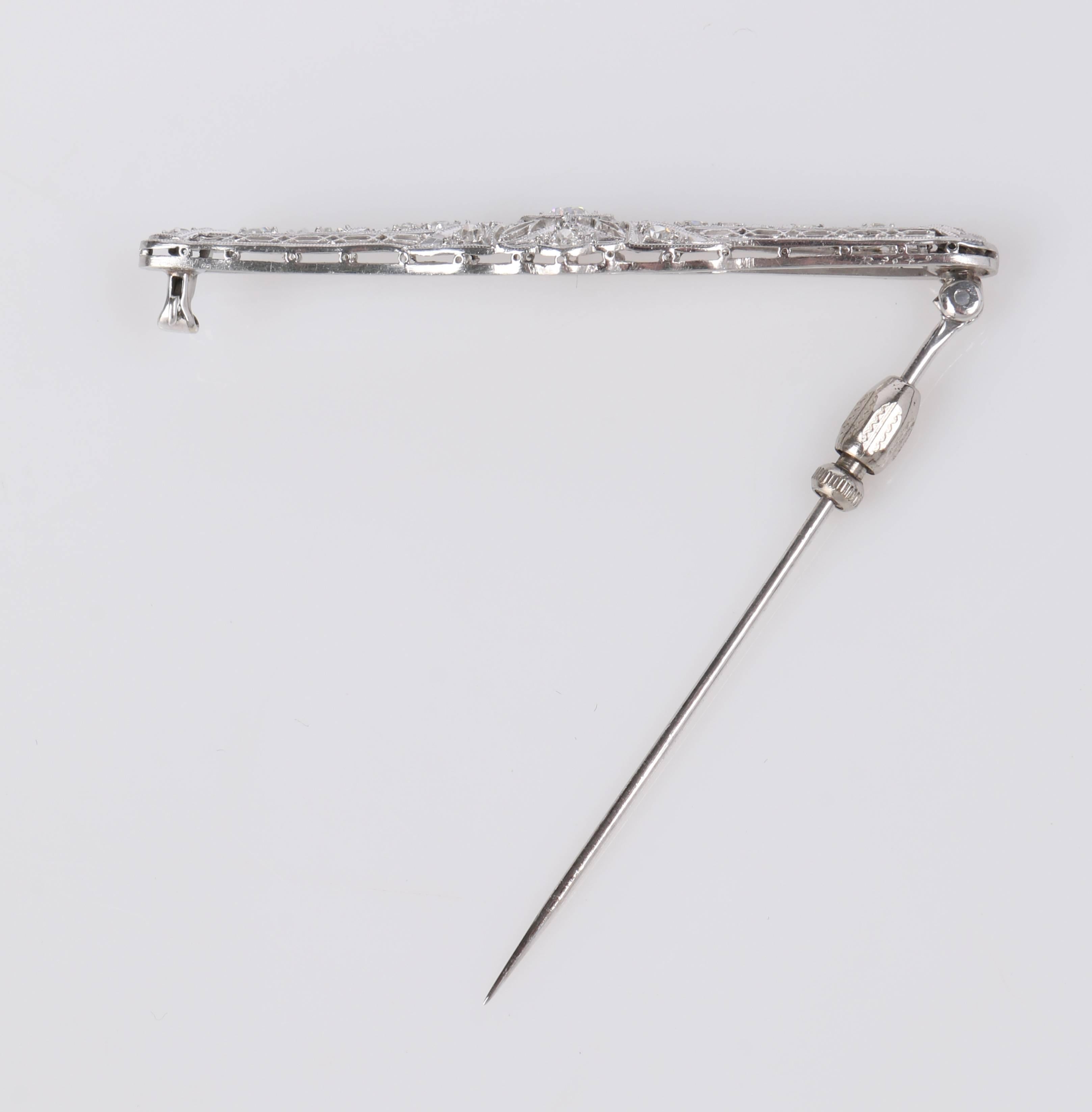 Old European Cut Antique Edwardian European Cut Diamond Platinum Foliate Filigree Metal Bar Pin For Sale