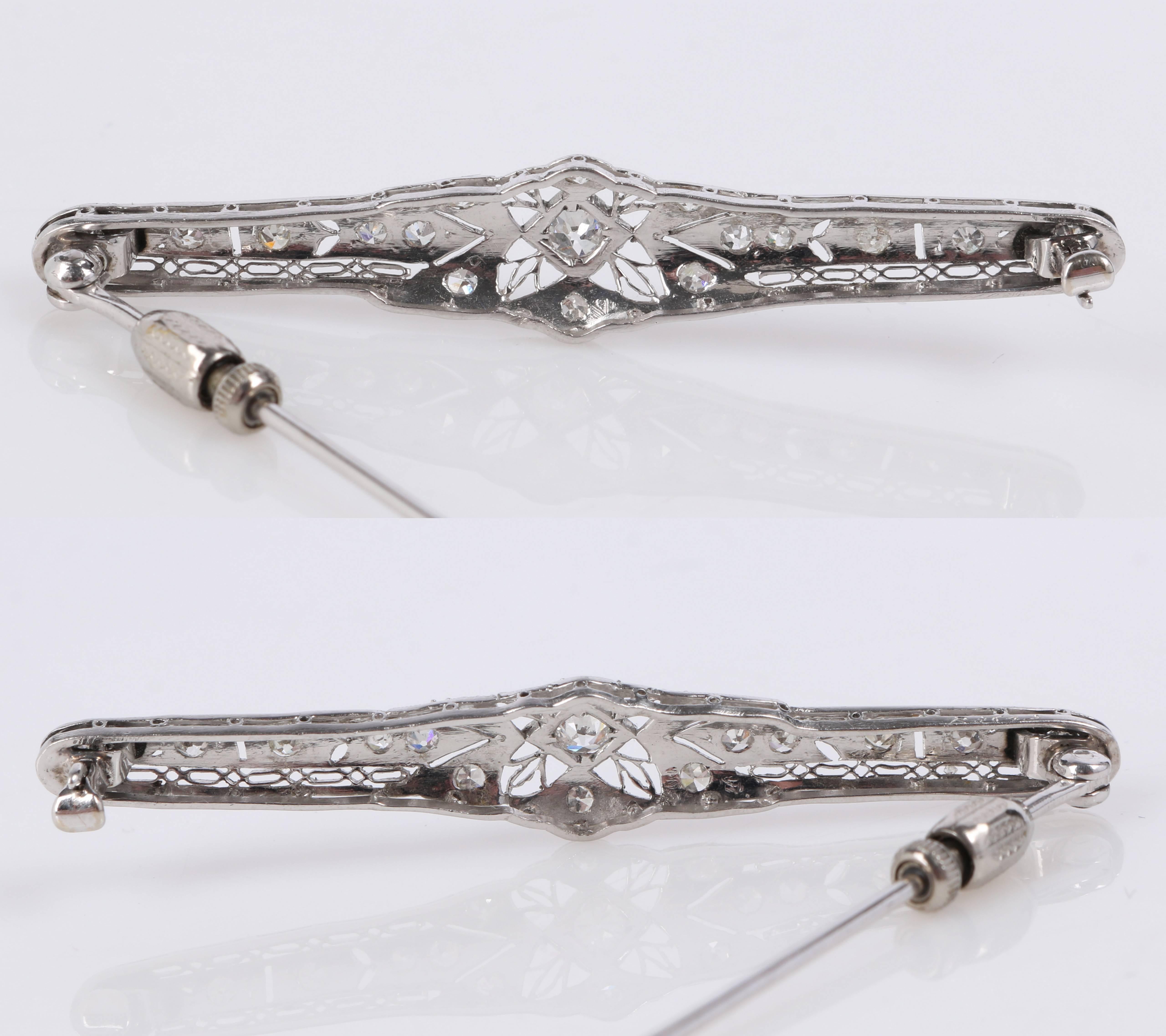 Antike antike filigrane Metall-Anstecknadel aus Platin mit Diamanten im edwardianischen europäischen Schliff und Blattwerk (Edwardian) im Angebot