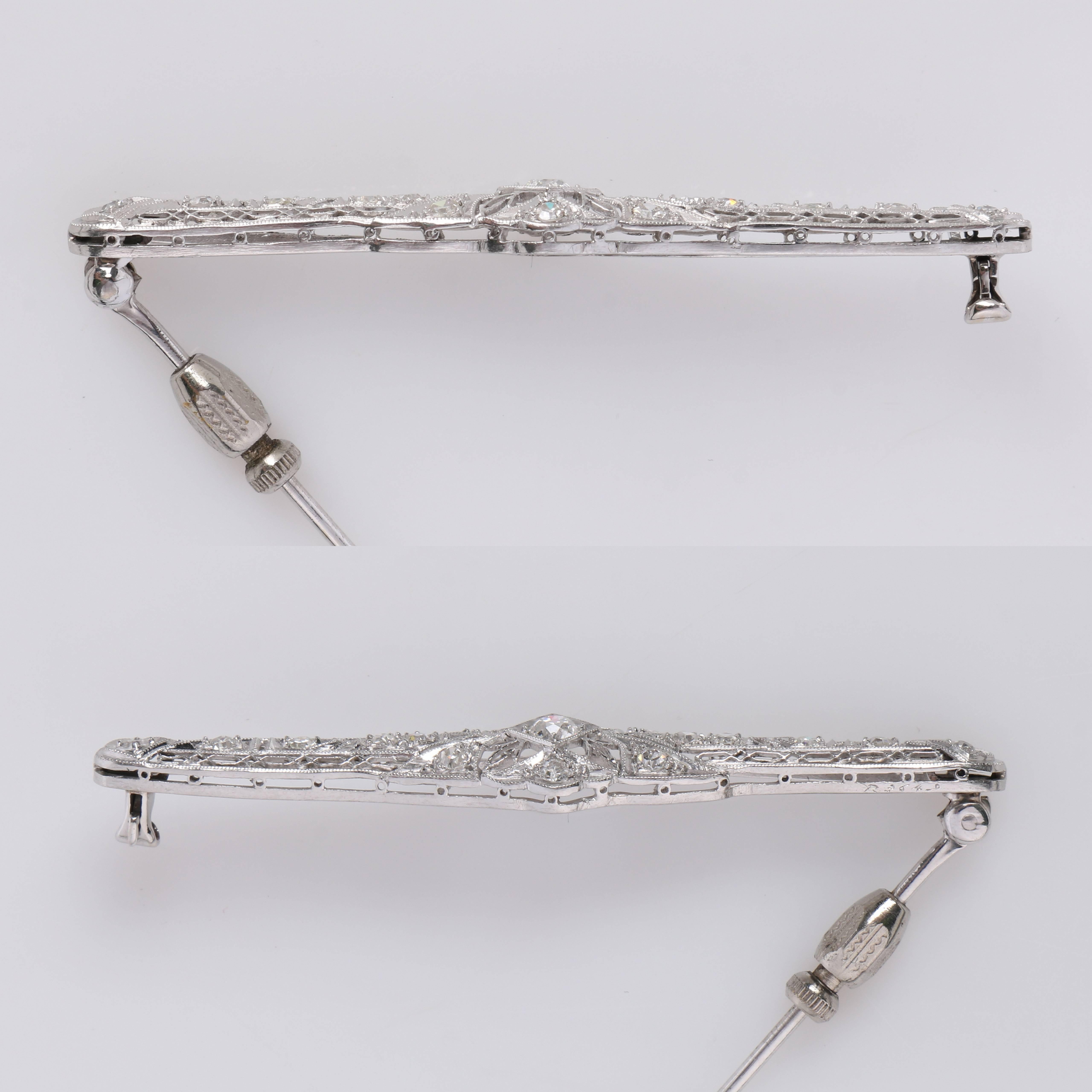 Antique Edwardian European Cut Diamond Platinum Foliate Filigree Metal Bar Pin For Sale 2