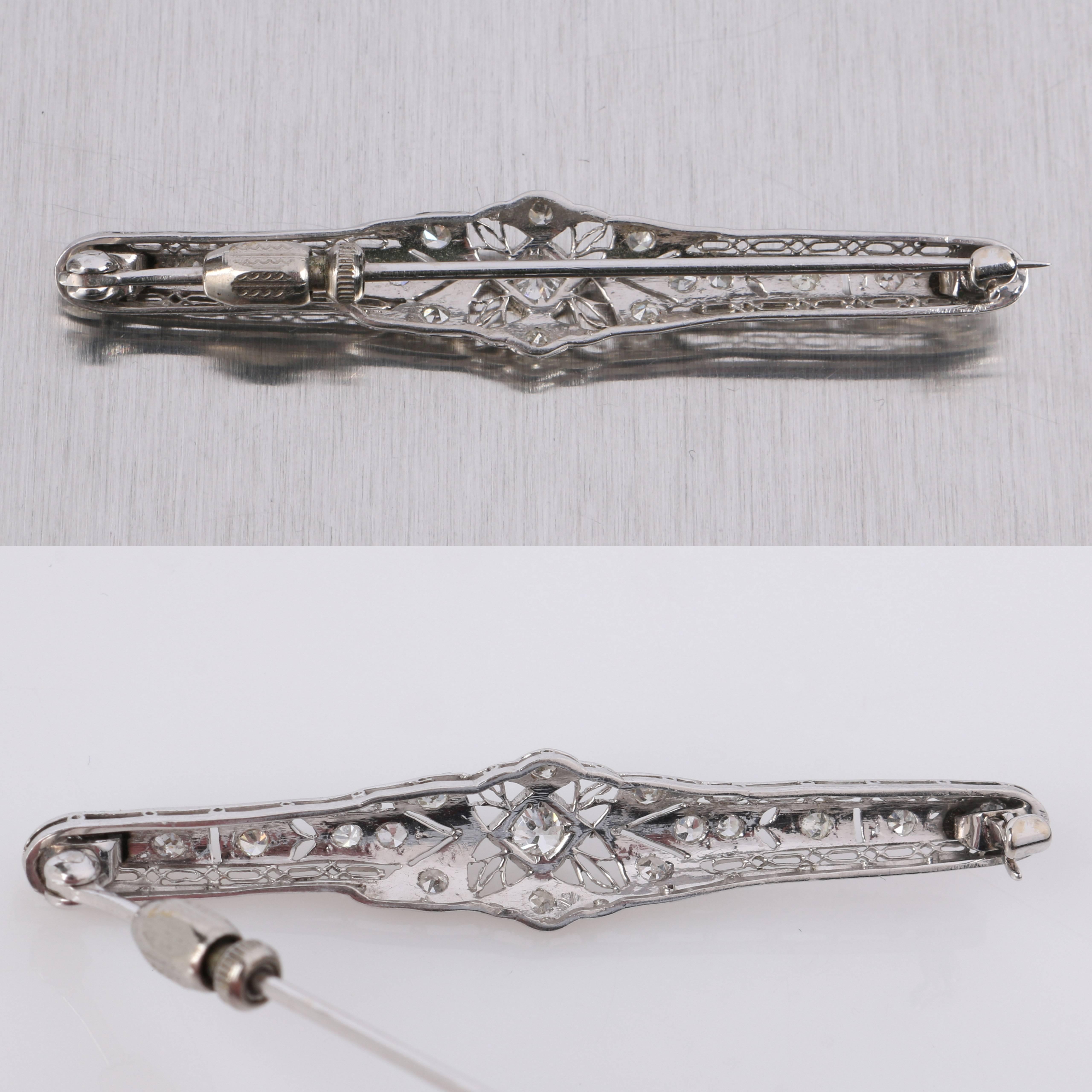 Women's Antique Edwardian European Cut Diamond Platinum Foliate Filigree Metal Bar Pin For Sale