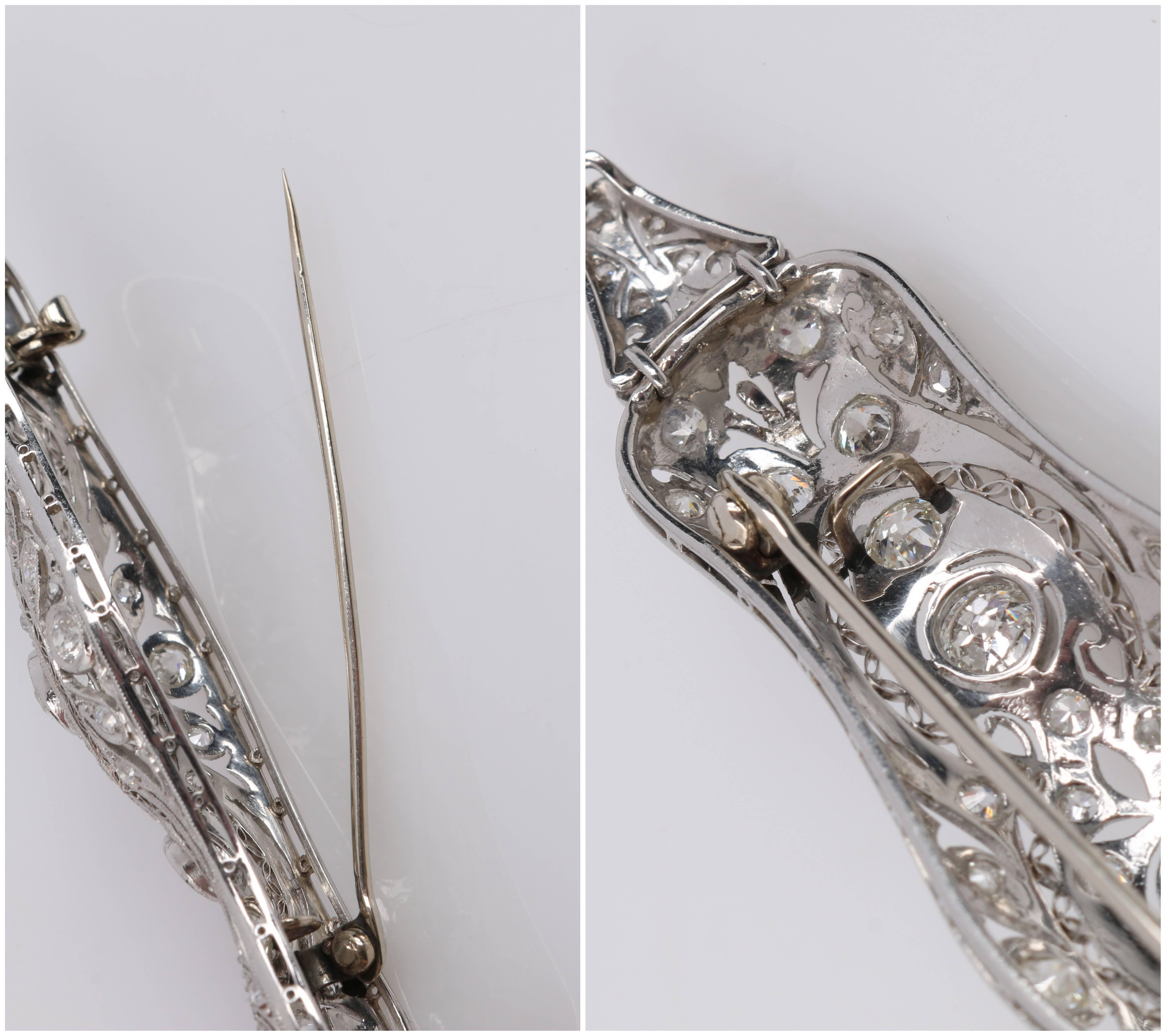 Gregorian c.1915 European Cut Diamond Platinum Foliate Filigree Bar Pin Pendant For Sale 3