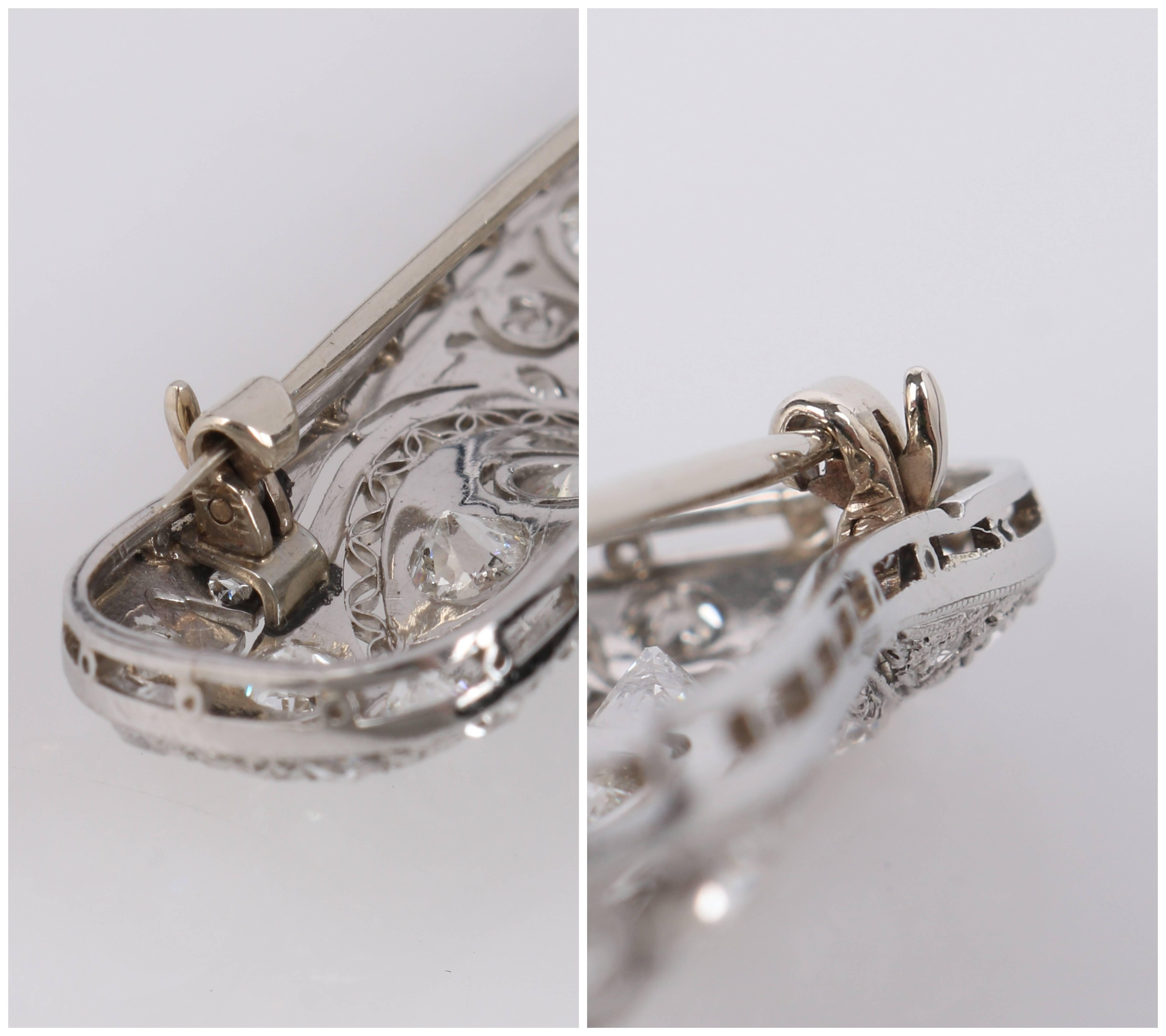 Gregorian c.1915 European Cut Diamond Platinum Foliate Filigree Bar Pin Pendant For Sale 2