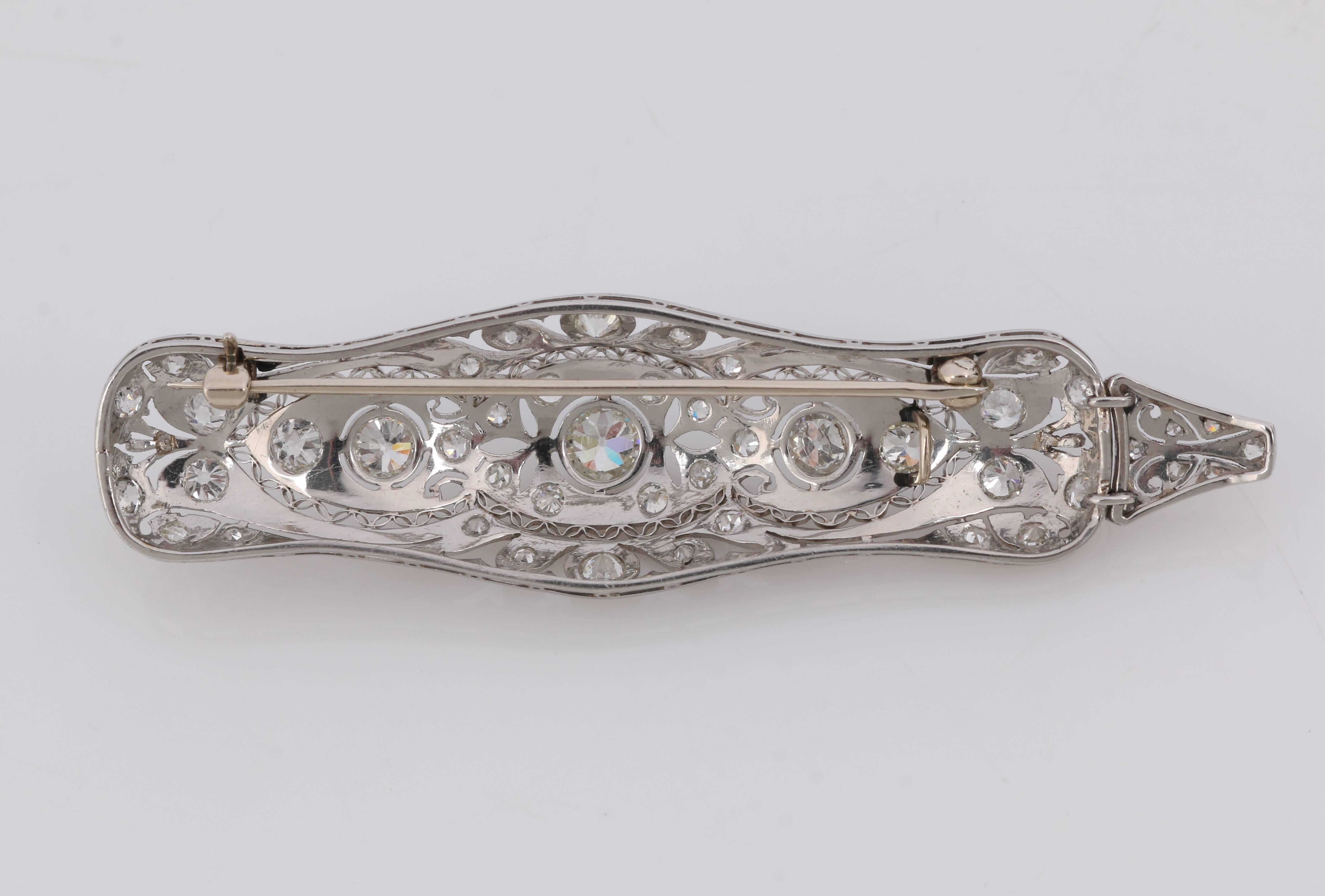 Edwardian Gregorian c.1915 European Cut Diamond Platinum Foliate Filigree Bar Pin Pendant For Sale