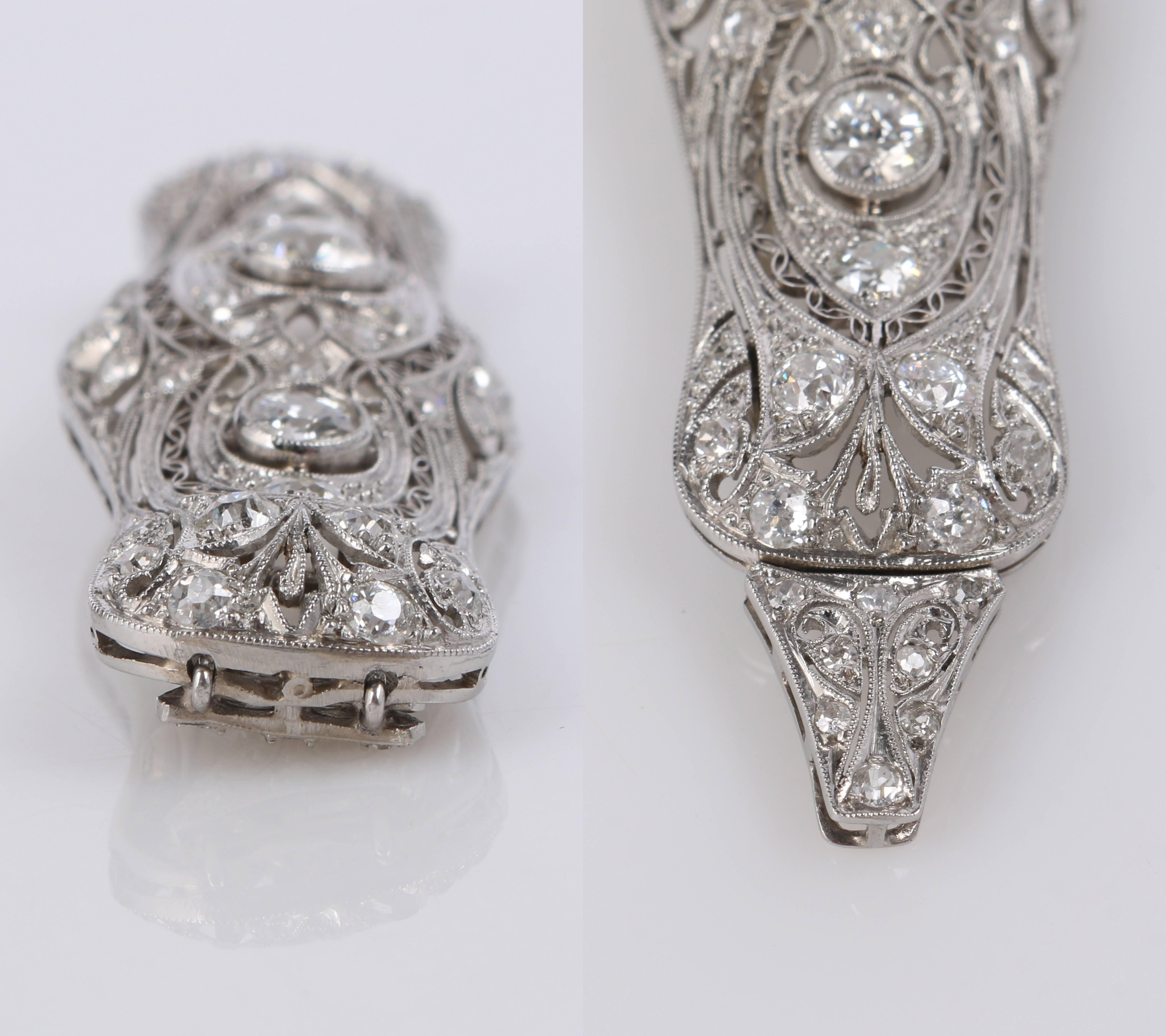 Gregorian c.1915 European Cut Diamond Platinum Foliate Filigree Bar Pin Pendant For Sale 1