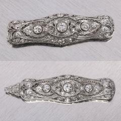 Gregorian c.1915 European Cut Diamond Platinum Foliate Filigree Bar Pin Pendant