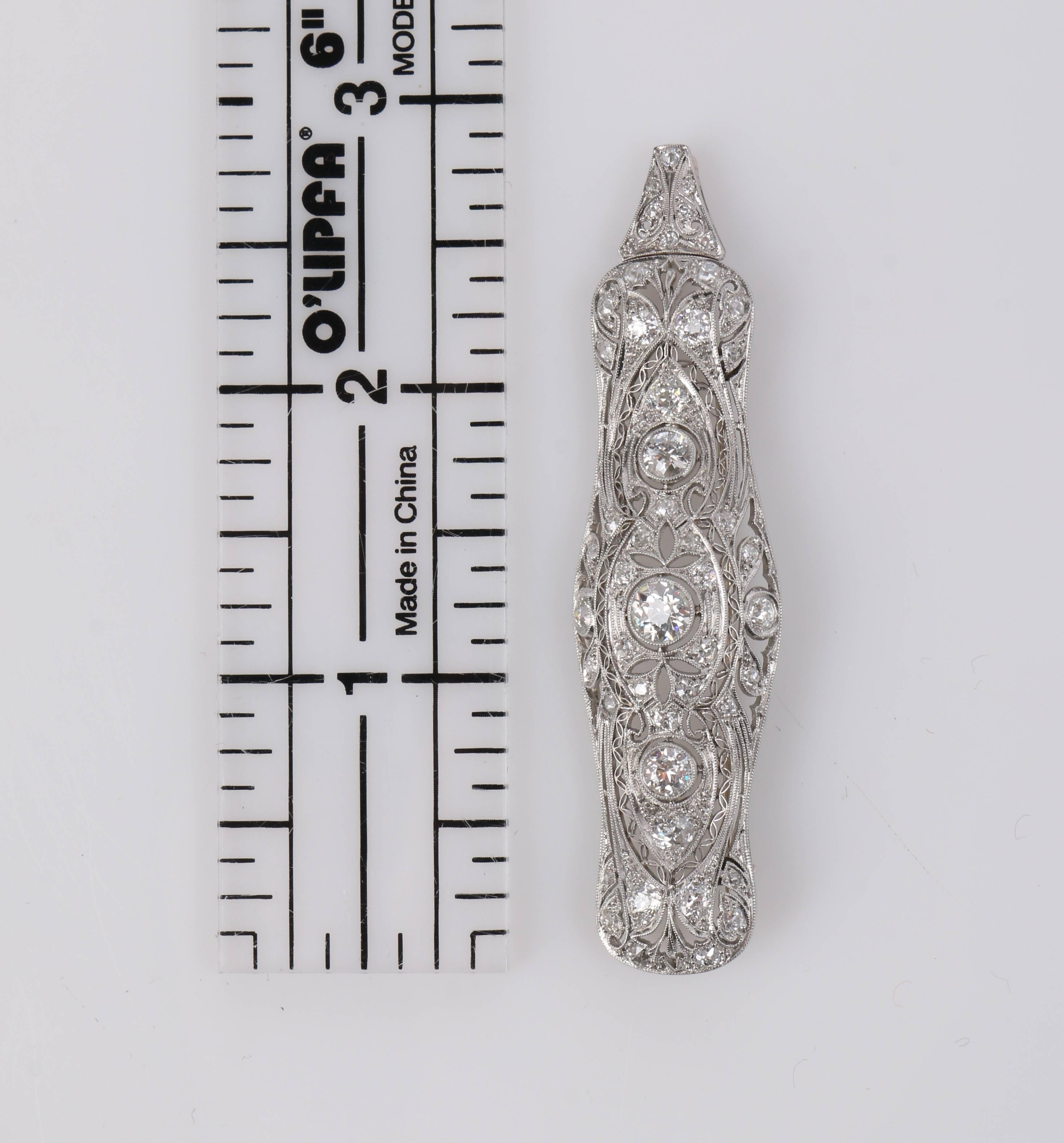 Gregorian c.1915 European Cut Diamond Platinum Foliate Filigree Bar Pin Pendant For Sale 4