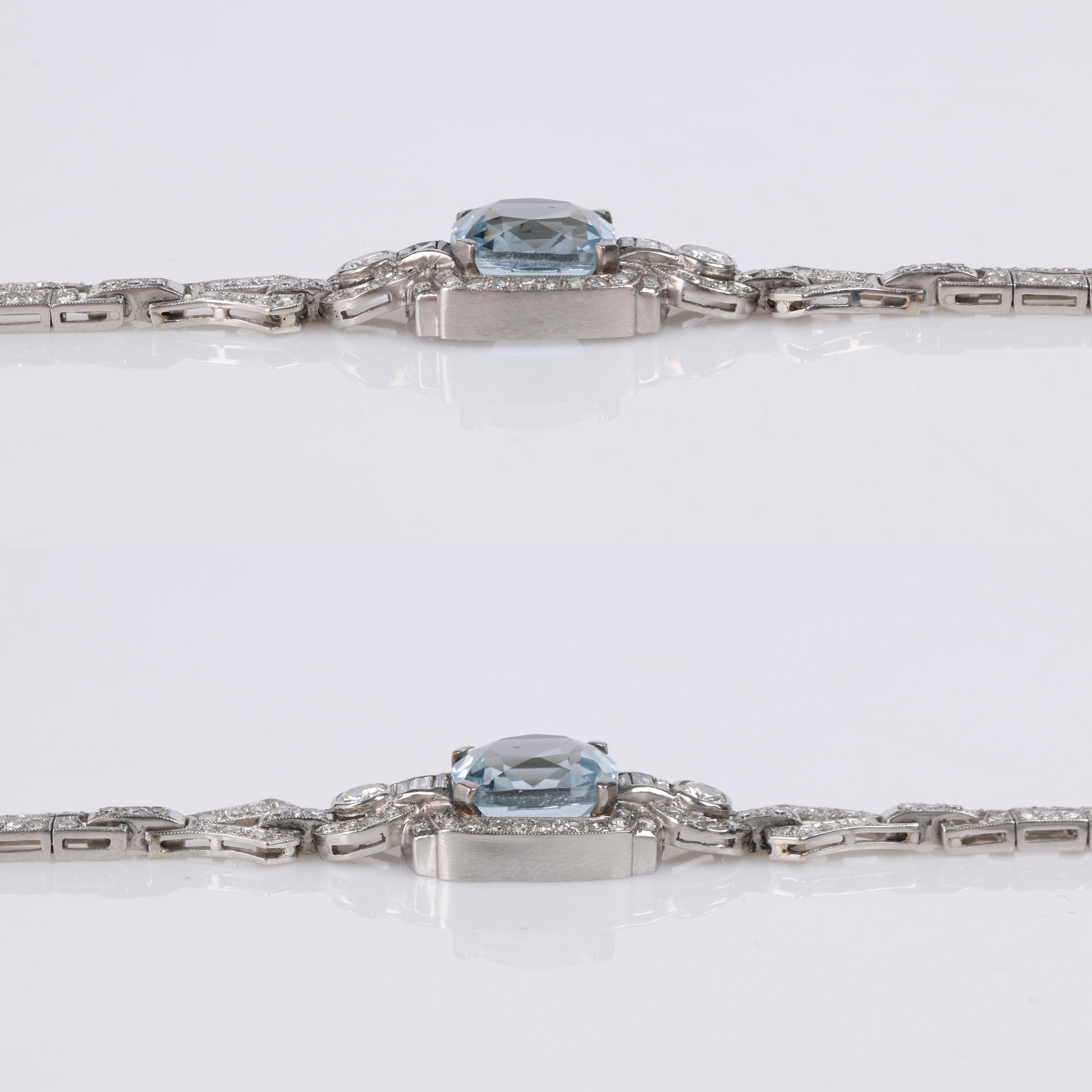 Art Deco Aquamarine Diamond Platinum Filigree Link Bracelet For Sale 1