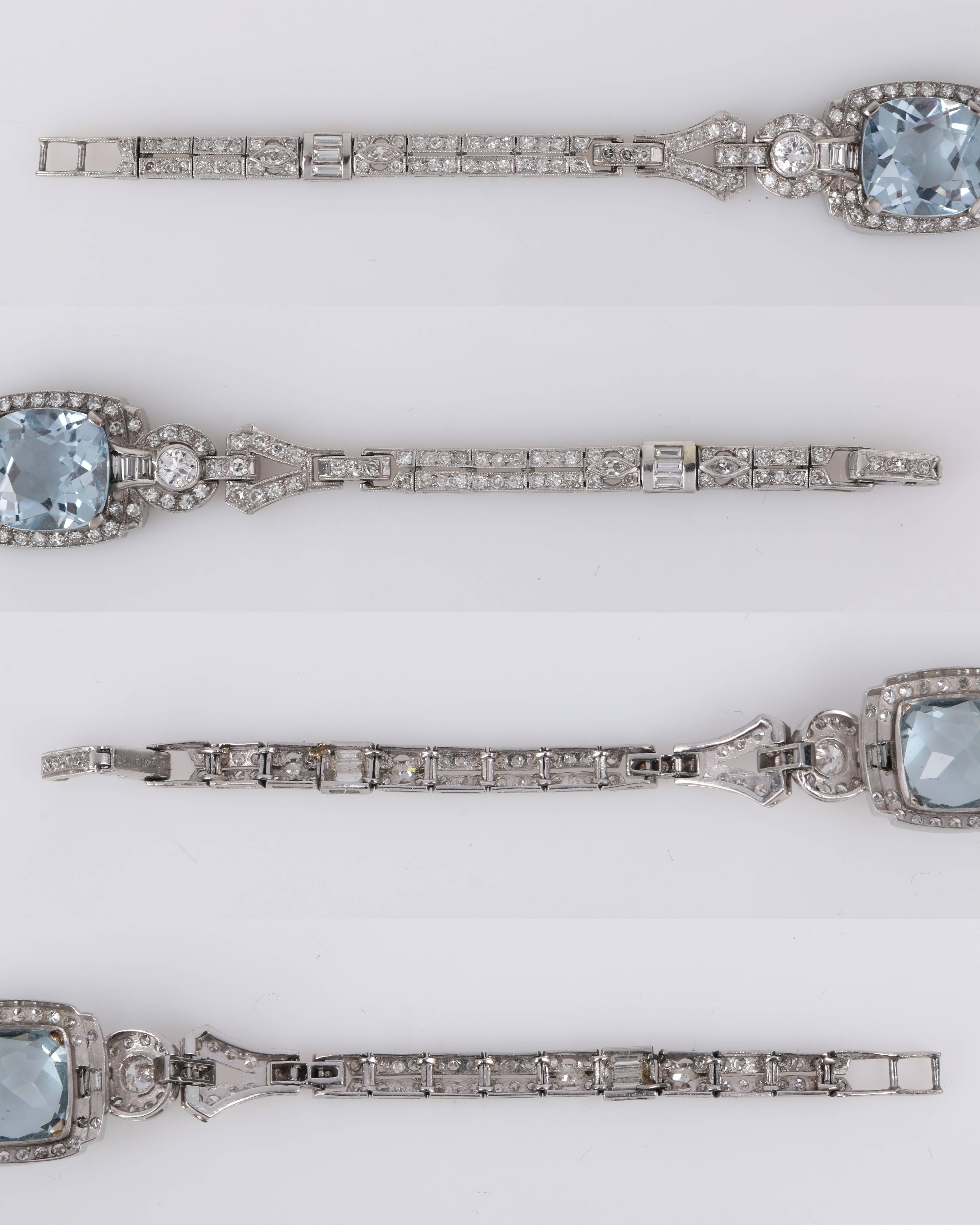 Art Deco Aquamarine Diamond Platinum Filigree Link Bracelet In Good Condition For Sale In Thiensville, WI