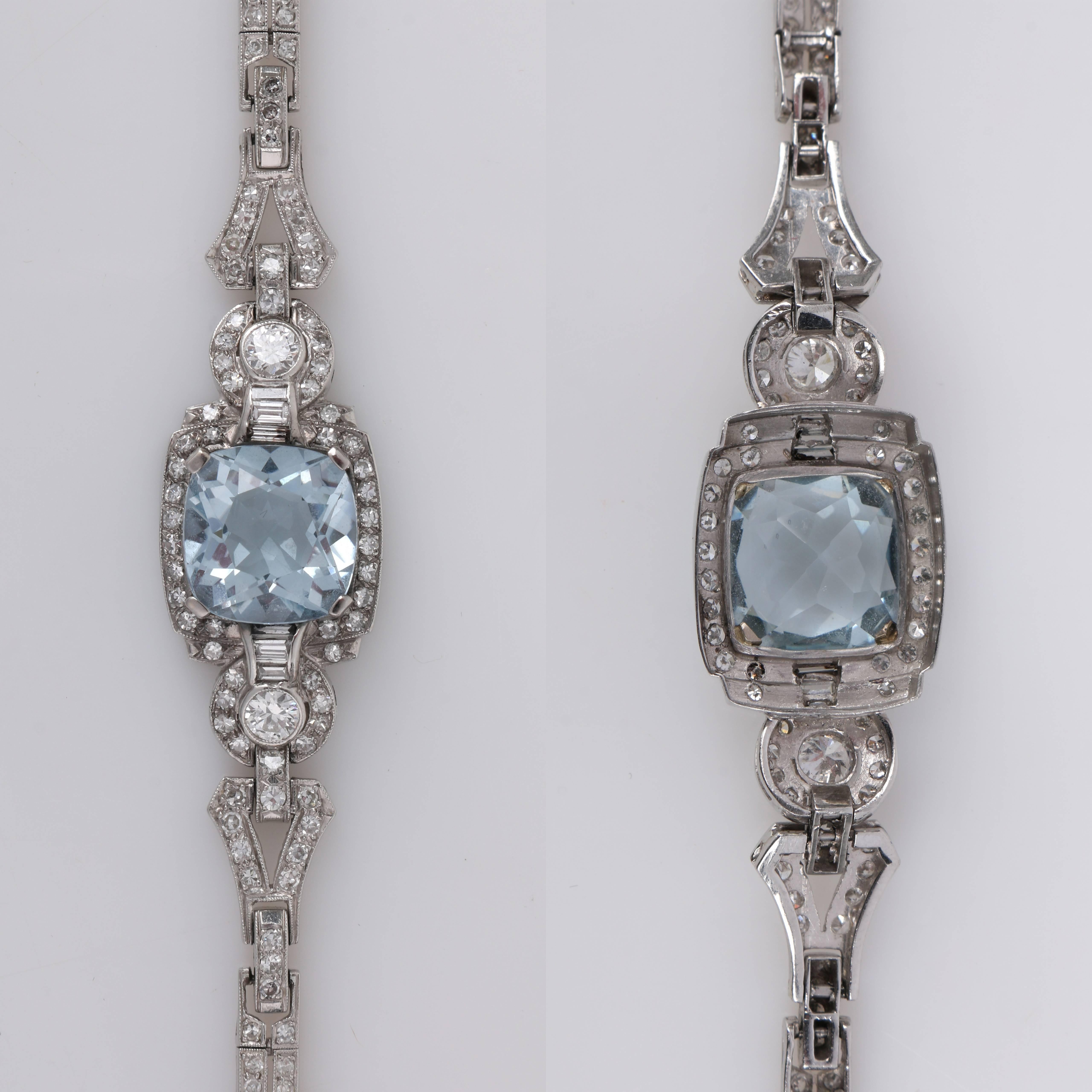 Cushion Cut Art Deco Aquamarine Diamond Platinum Filigree Link Bracelet For Sale