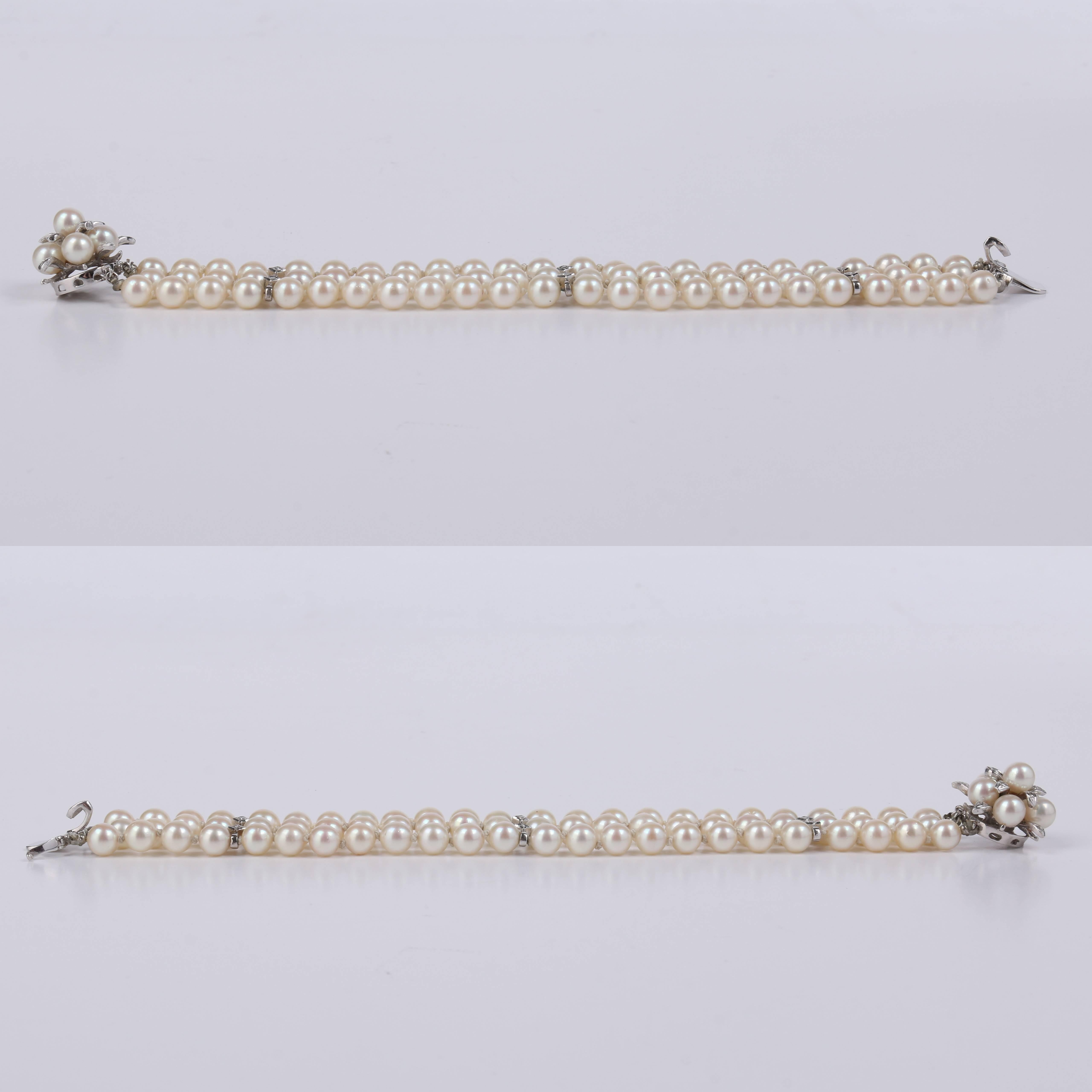 CULTURED PEARL c.1950's 6MM 14KT White Gold Triple Strand Floral Bracelet 1