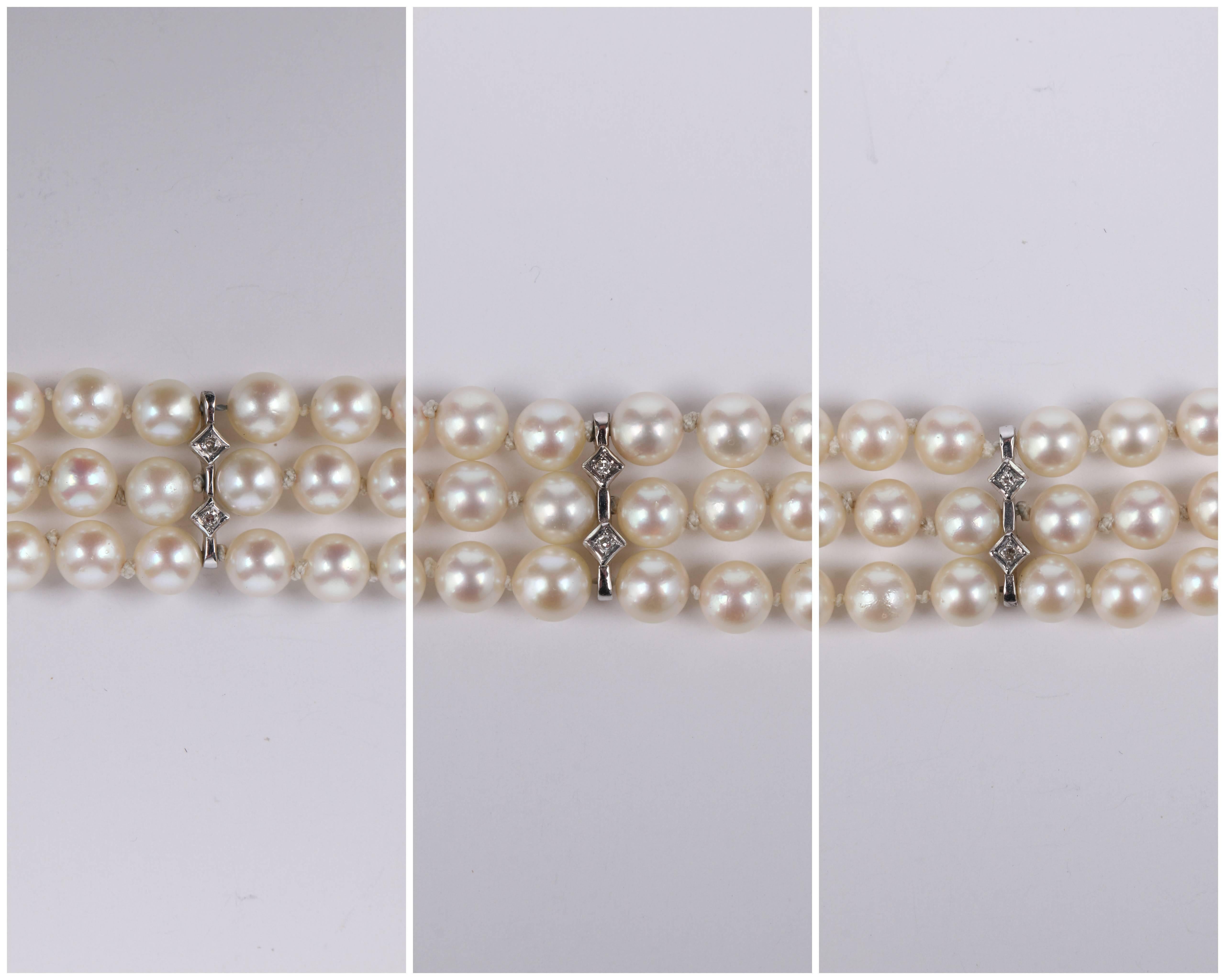CULTURED PEARL c.1950's 6MM 14KT White Gold Triple Strand Floral Bracelet 3