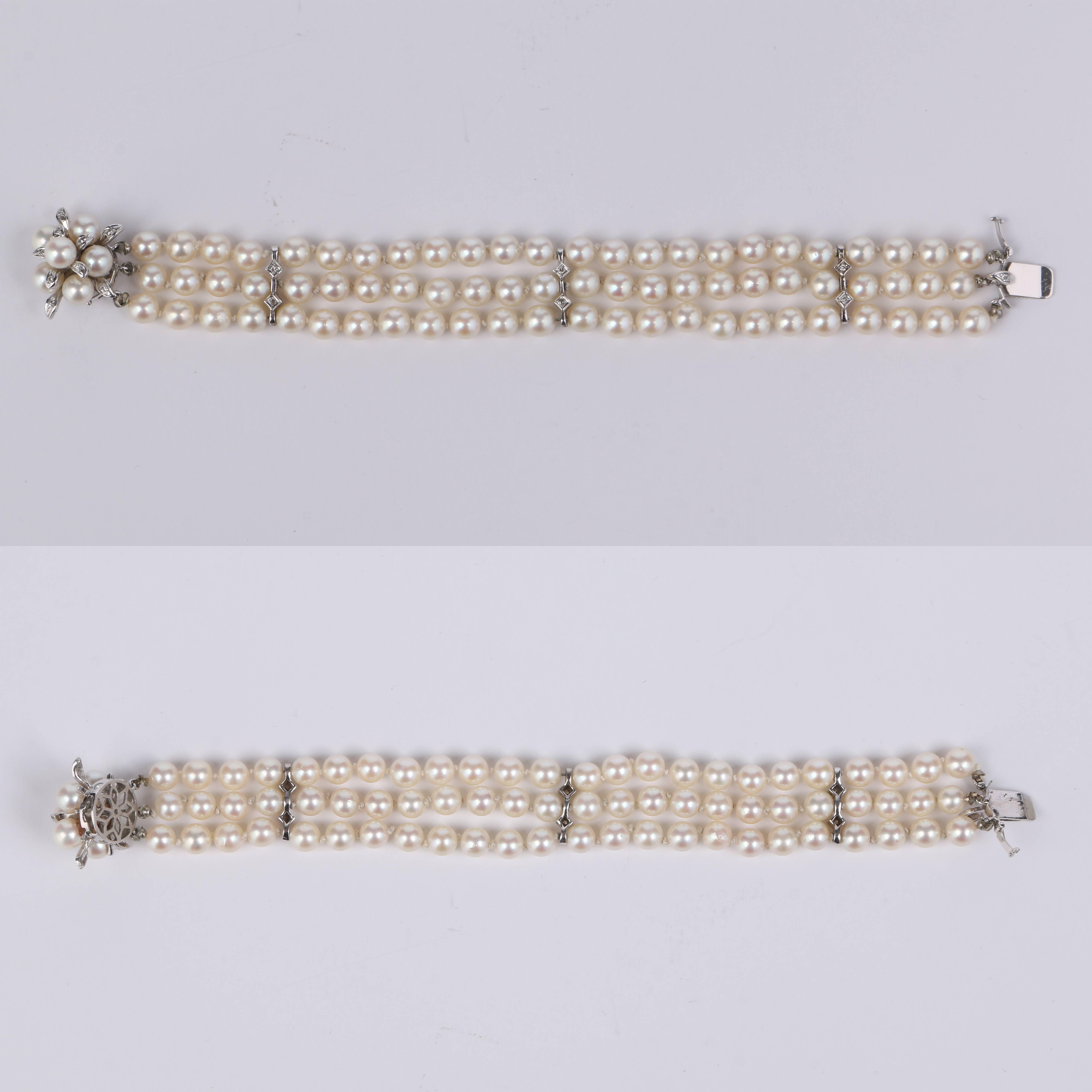 CULTURED PEARL c.1950's 6MM 14KT White Gold Triple Strand Floral Bracelet In Good Condition In Thiensville, WI