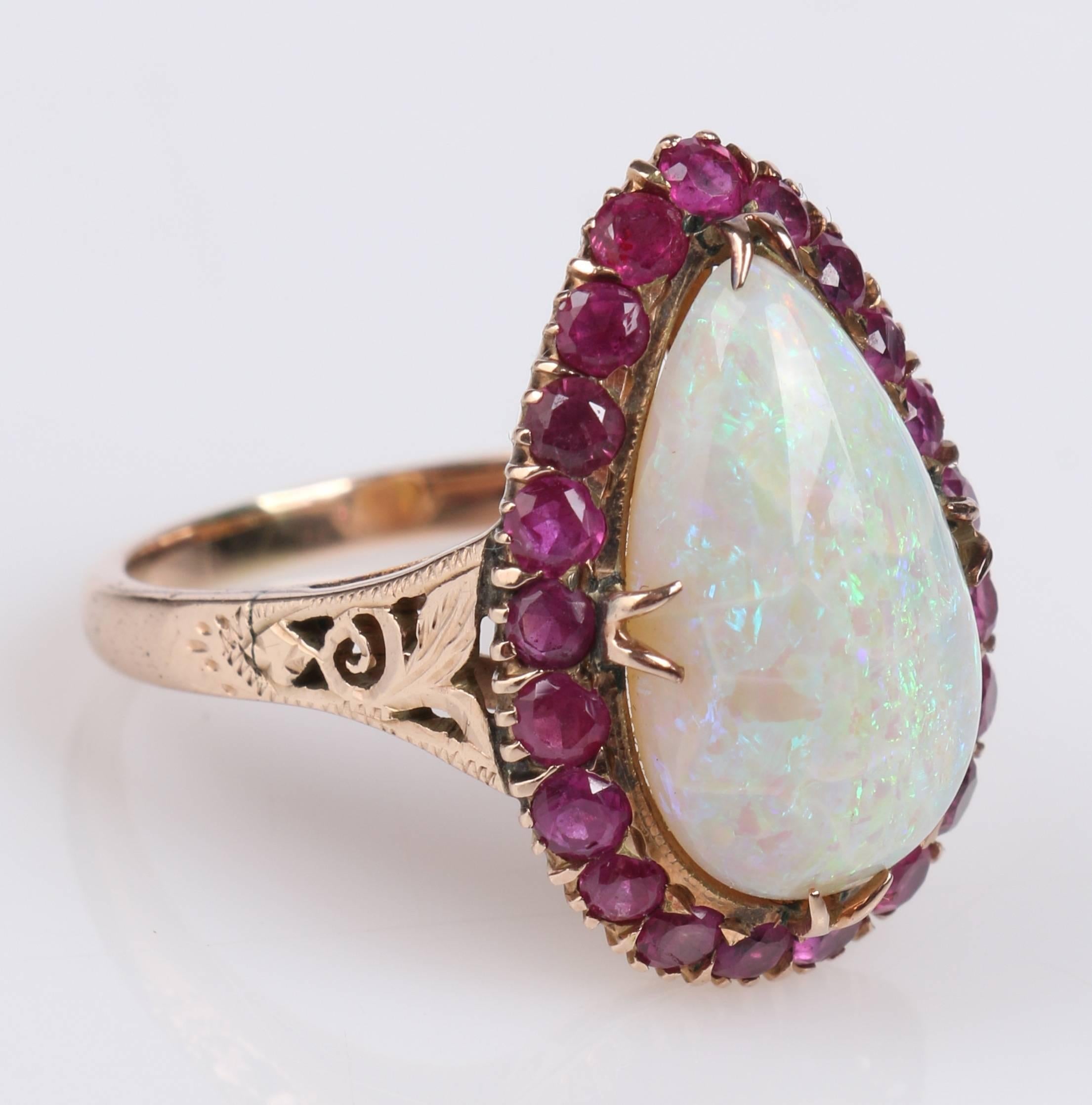 c.1930's Large Teardrop Opal Ruby Rose Gold 14 KT Ring Size 6.75 - 7 2