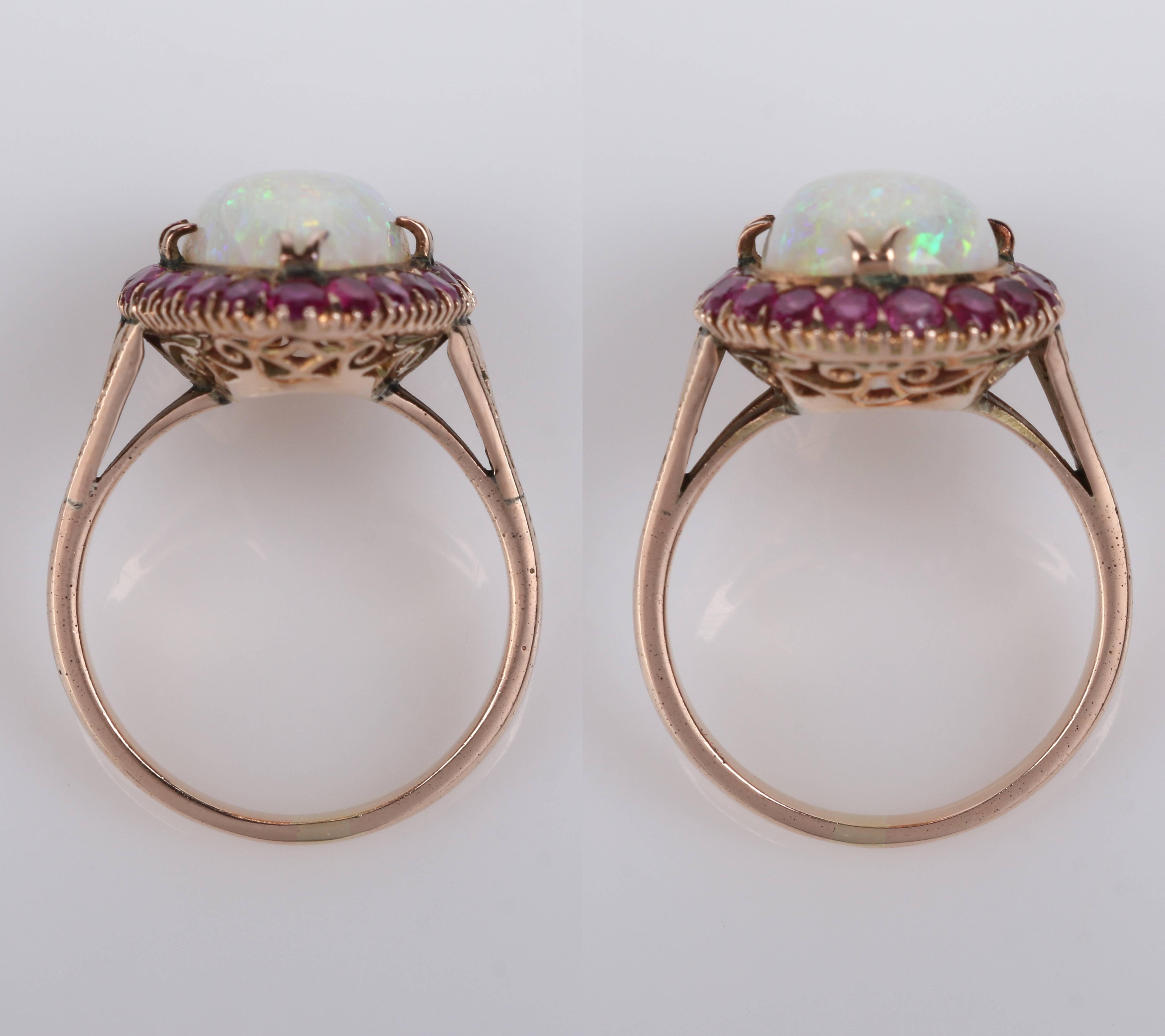 c.1930's Large Teardrop Opal Ruby Rose Gold 14 KT Ring Size 6.75 - 7 In Good Condition In Thiensville, WI