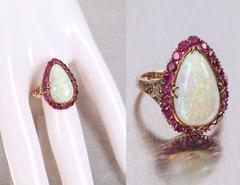 grande bague en or 14 KT avec opale Rubis Rose des années 1930 Taille 6.75 - 7