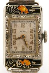 ELGIN c.1925 Parisienne Lady & Tiger Art Deco Enamel Manual Bracelet Watch