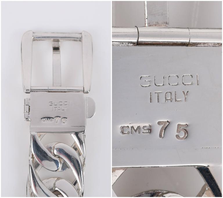 GUCCI Sterling Silver Chain Link Black Leather Mixed Material Belt Size