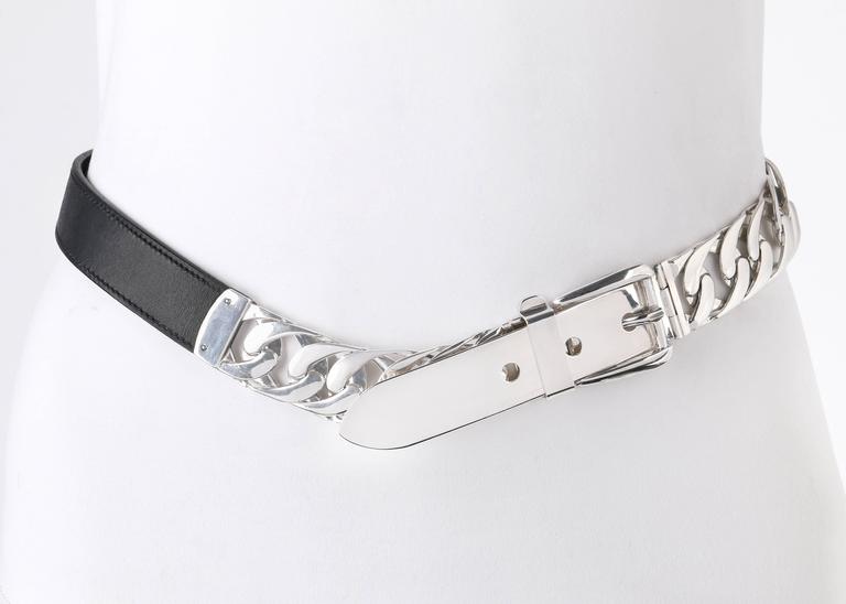 GUCCI Sterling Silver Chain Link Black Leather Mixed Material Belt Size