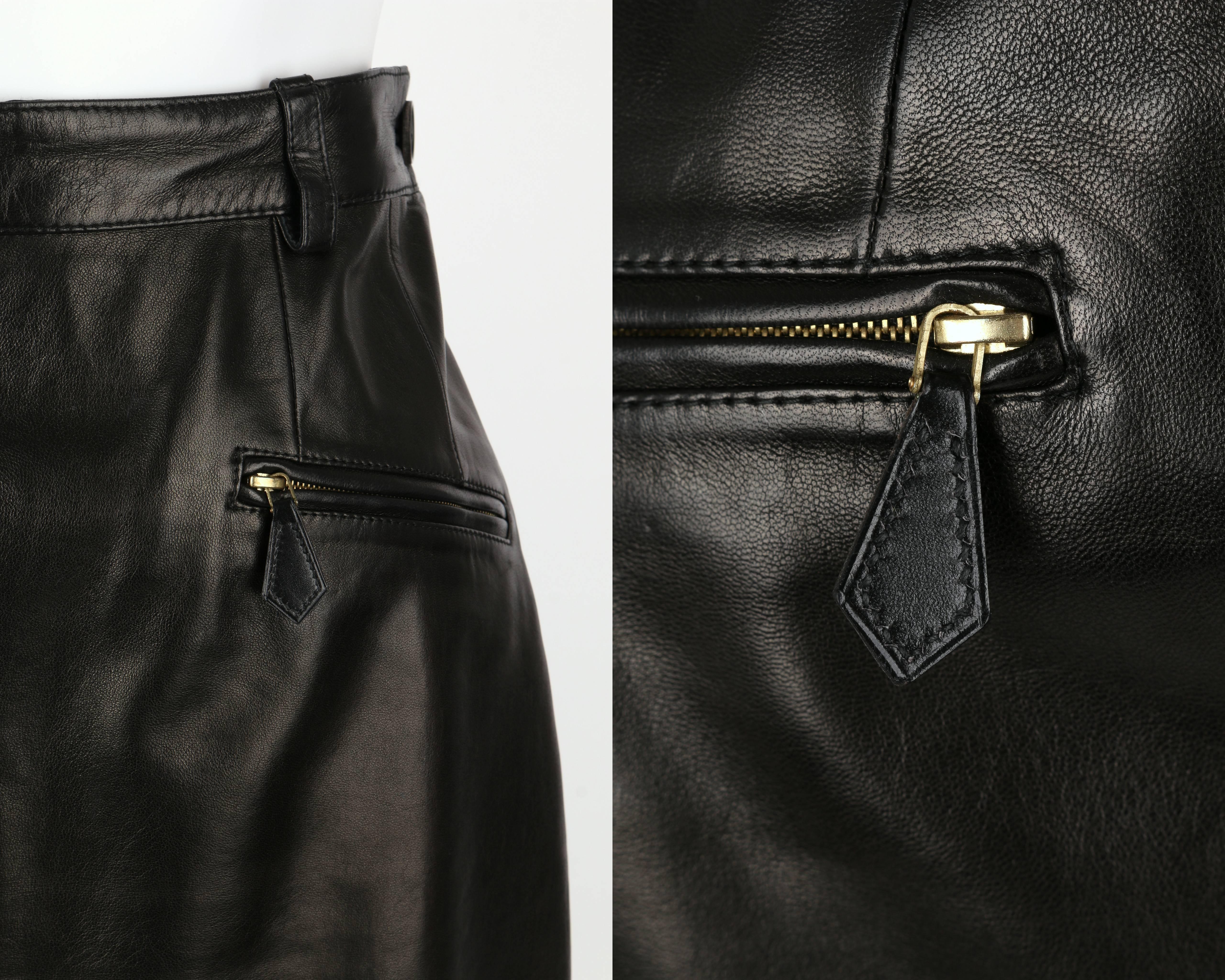 HERMES c.1990's Black Genuine Lambskin Leather Zipper Pencil Skirt Size 40 4