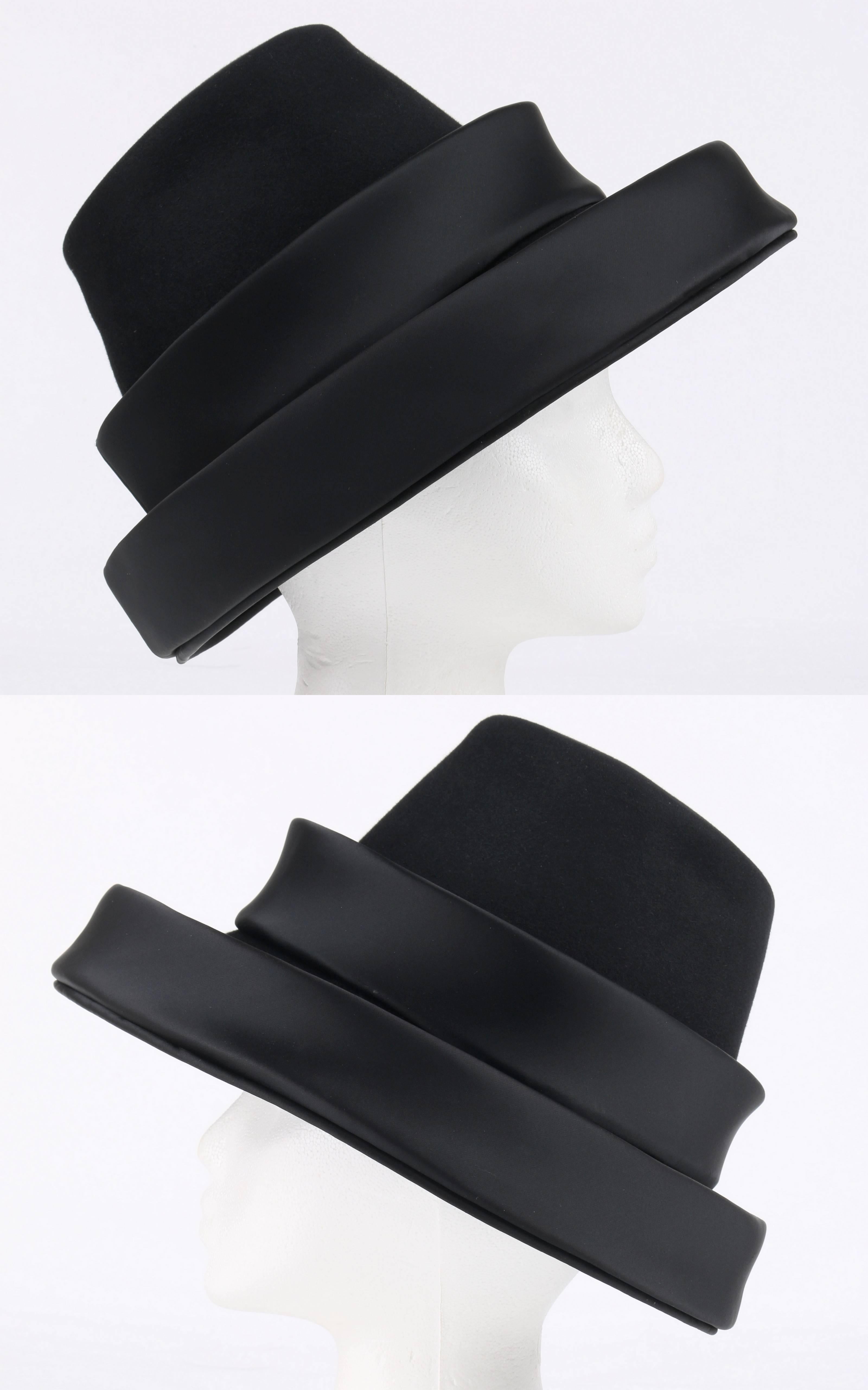 Women's MICHAEL TERRE c.1960's Black Wool Felt Silk Asymmetrical Tiered Avant Garde Hat