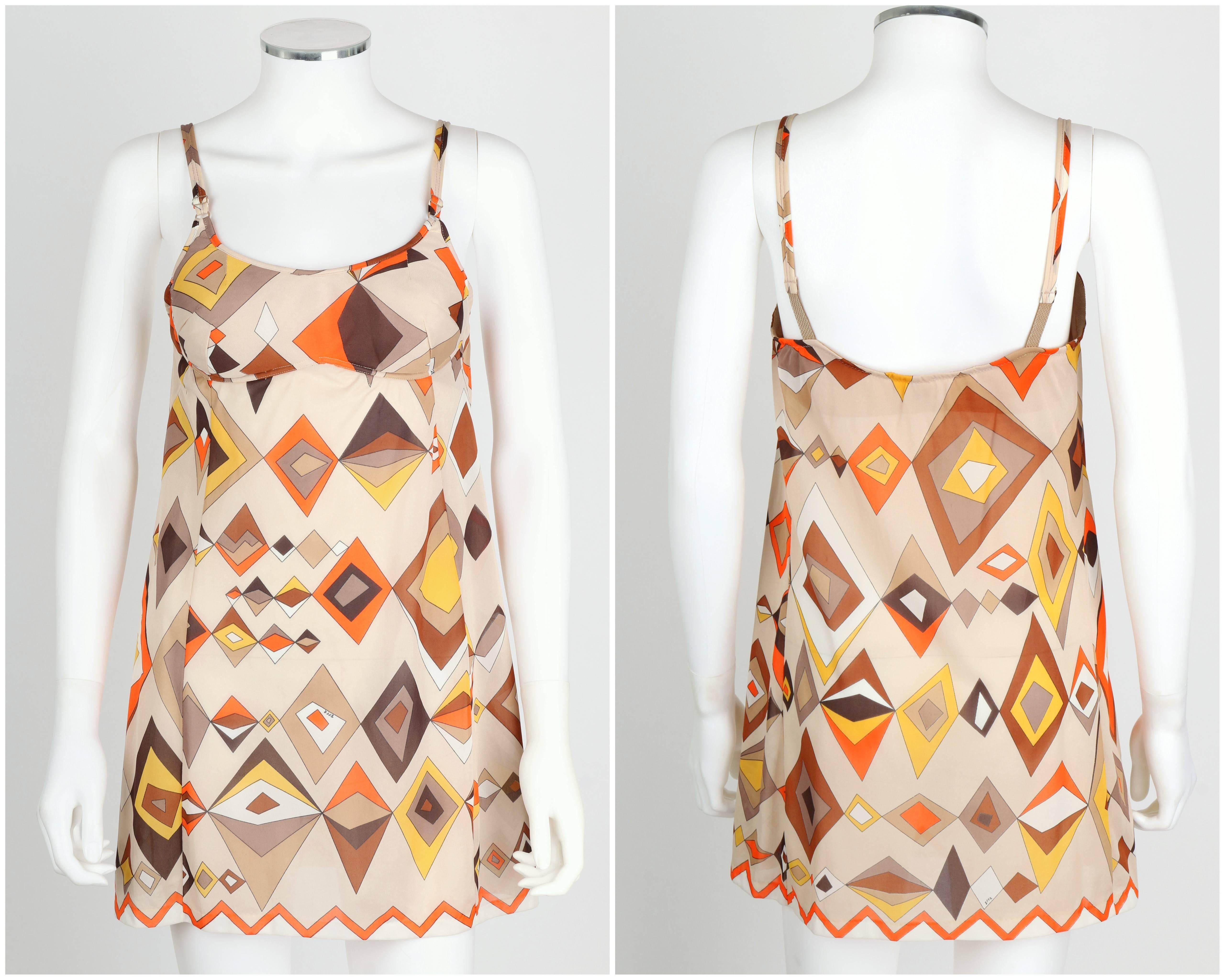 Women's EMILIO PUCCI c.1960s Formfit Rogers 2pc Tan Geometric Print Tunic Dress Slip Set