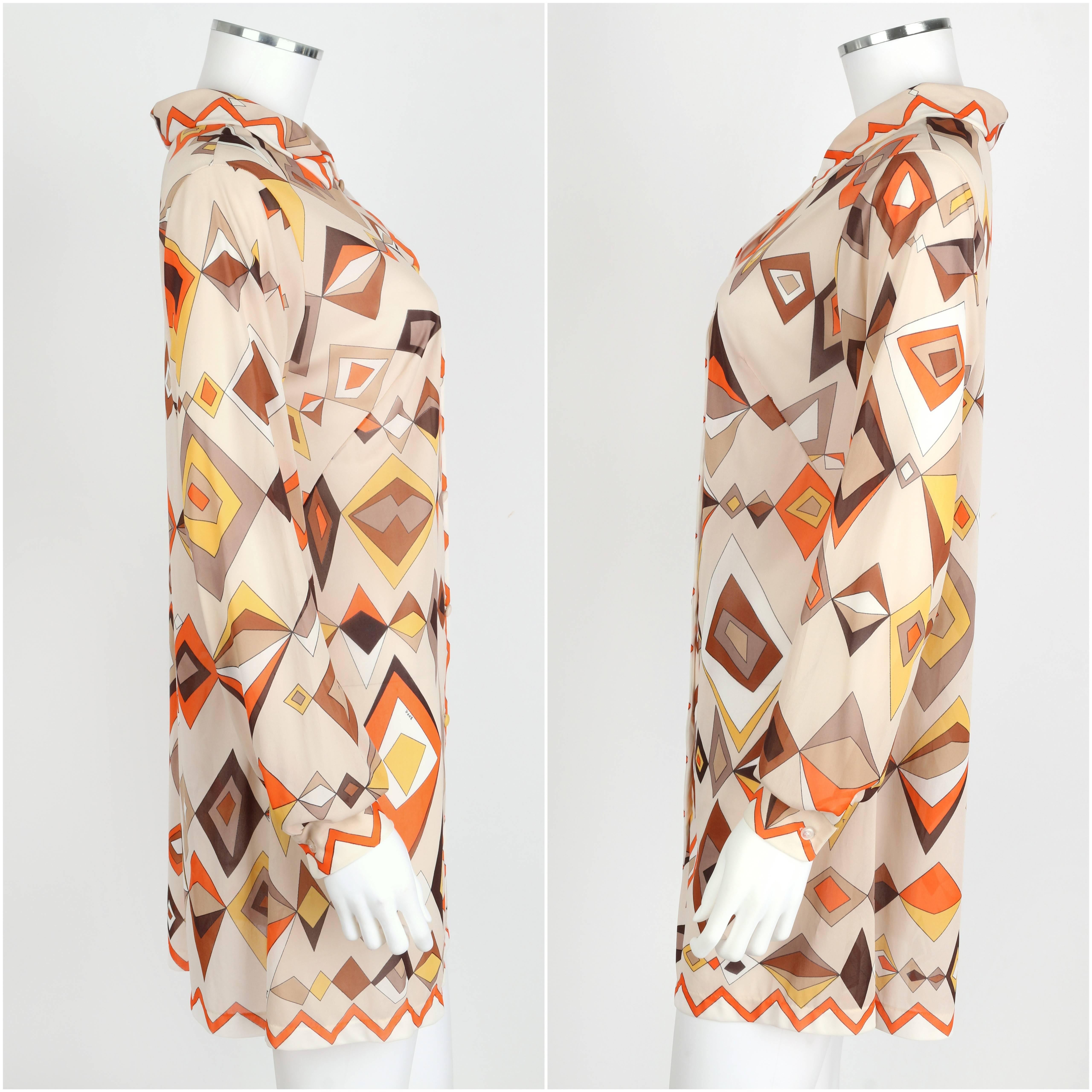 Beige EMILIO PUCCI c.1960s Formfit Rogers 2pc Tan Geometric Print Tunic Dress Slip Set