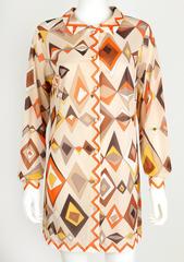 EMILIO PUCCI c.1960s Formfit Rogers 2pc Tan Geometric Print Tunic Dress Slip Set