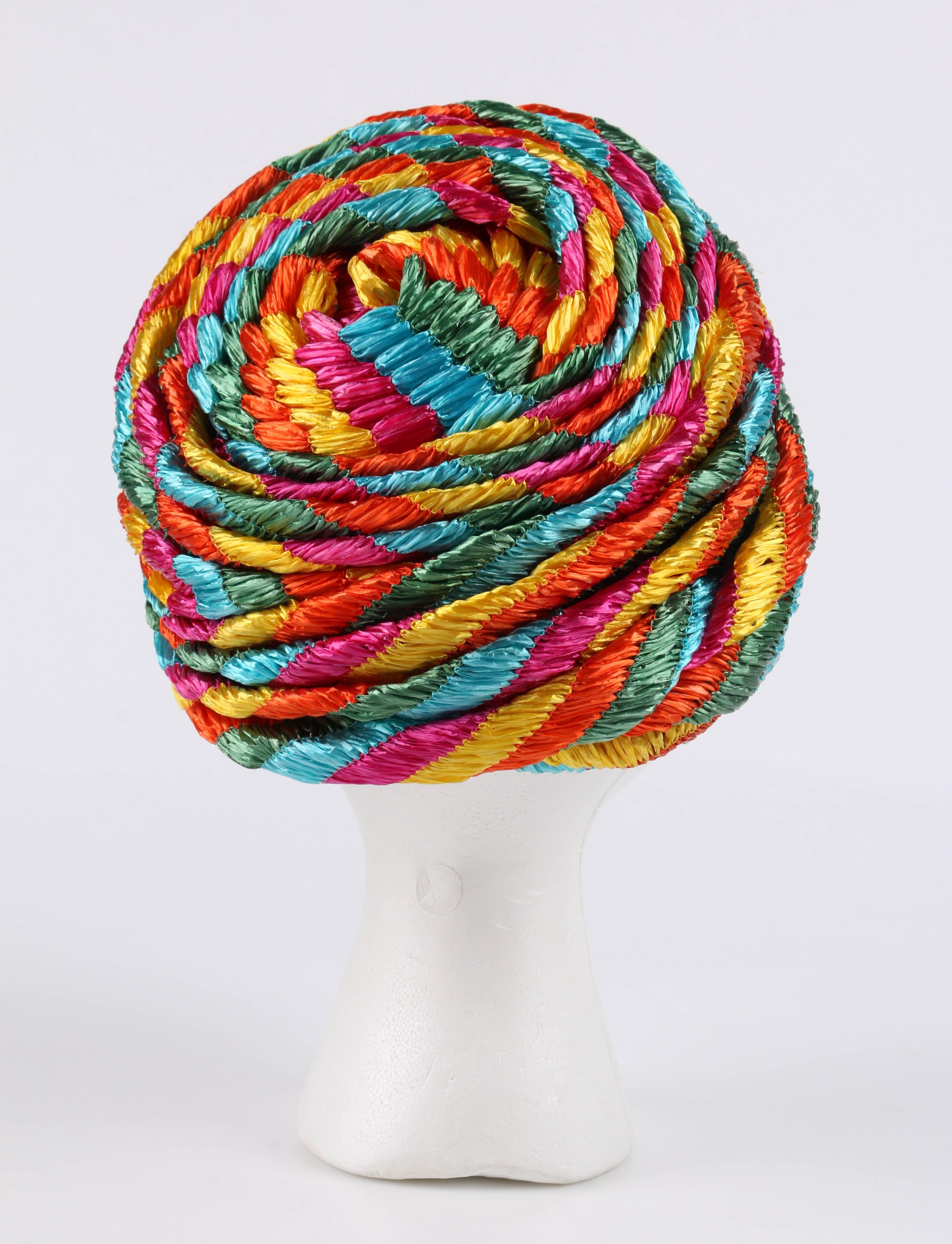 CHRISTIAN DIOR Chapeaux c.1960's Multicolor Straw Pleated Beehive Turban Hat In Excellent Condition In Thiensville, WI