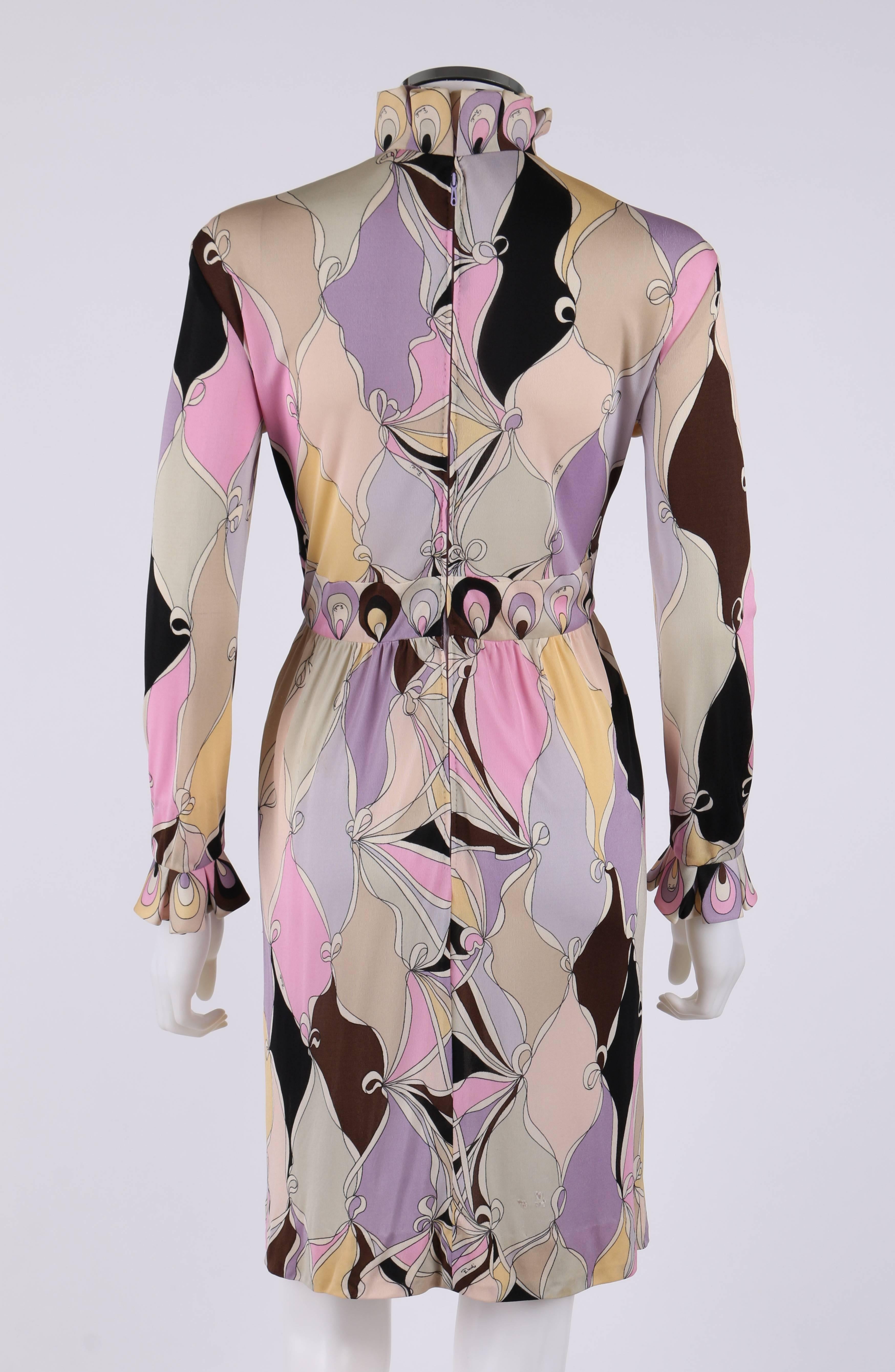 Beige EMILIO PUCCI c.1960's Multicolor Pastel Abstract Diamond Print Mock Neck Dress 