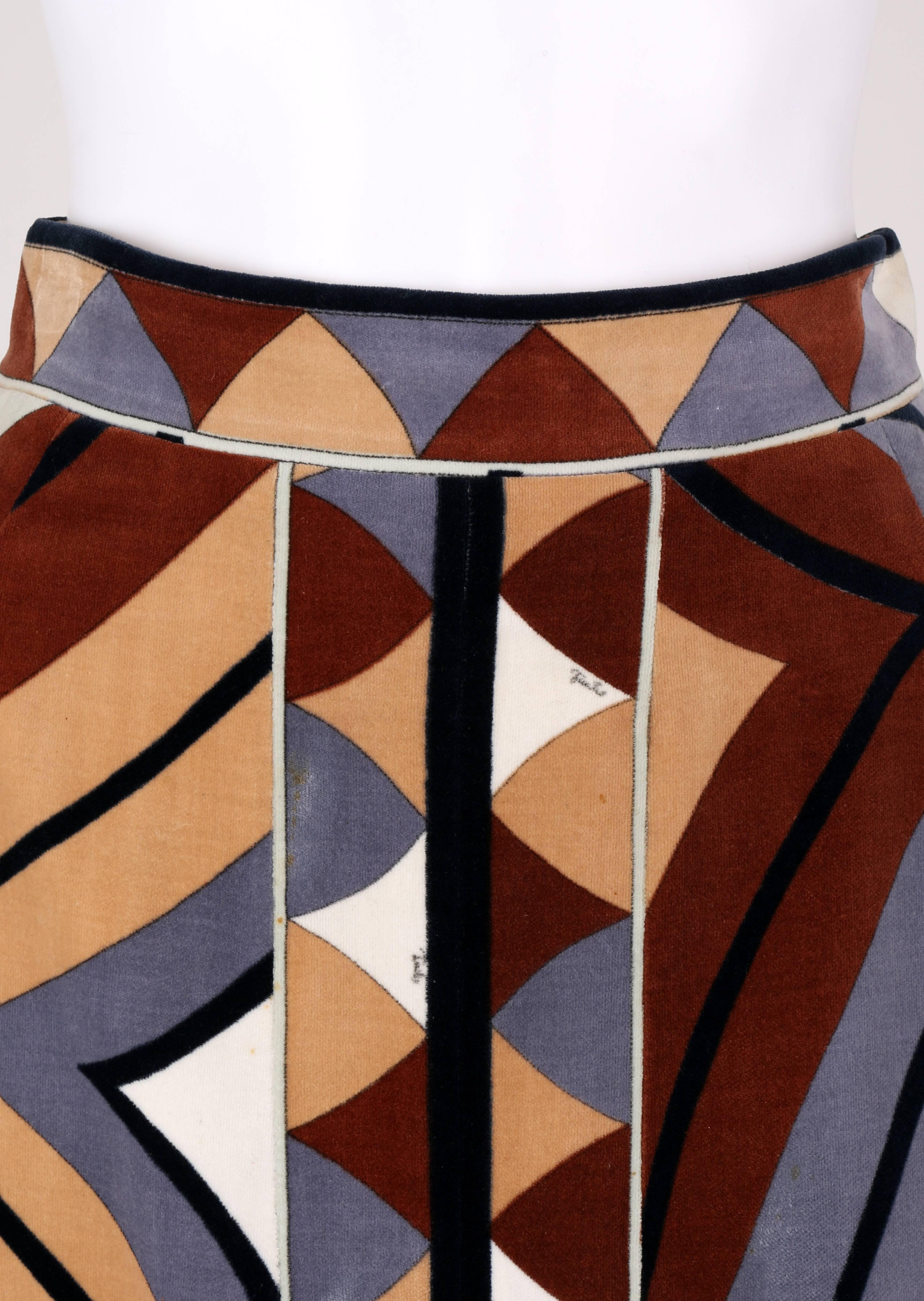 EMILIO PUCCI c.1970's Multicolor Window Pane Signature Print Velvet Maxi Skirt For Sale 1