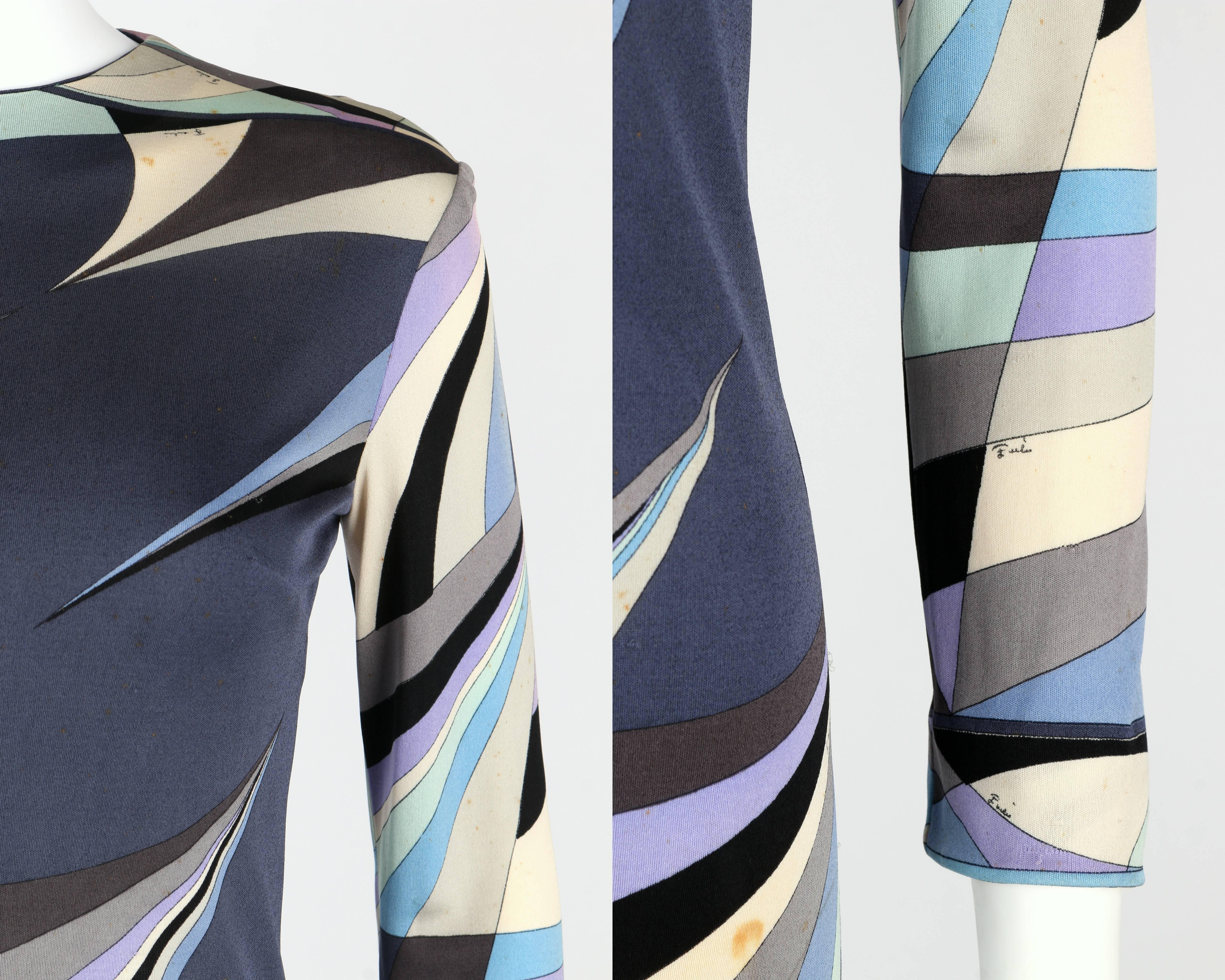 EMILIO PUCCI Robe fourreau en jersey de soie 100 % bleu imprimé Op Art Signature des années 1960 2