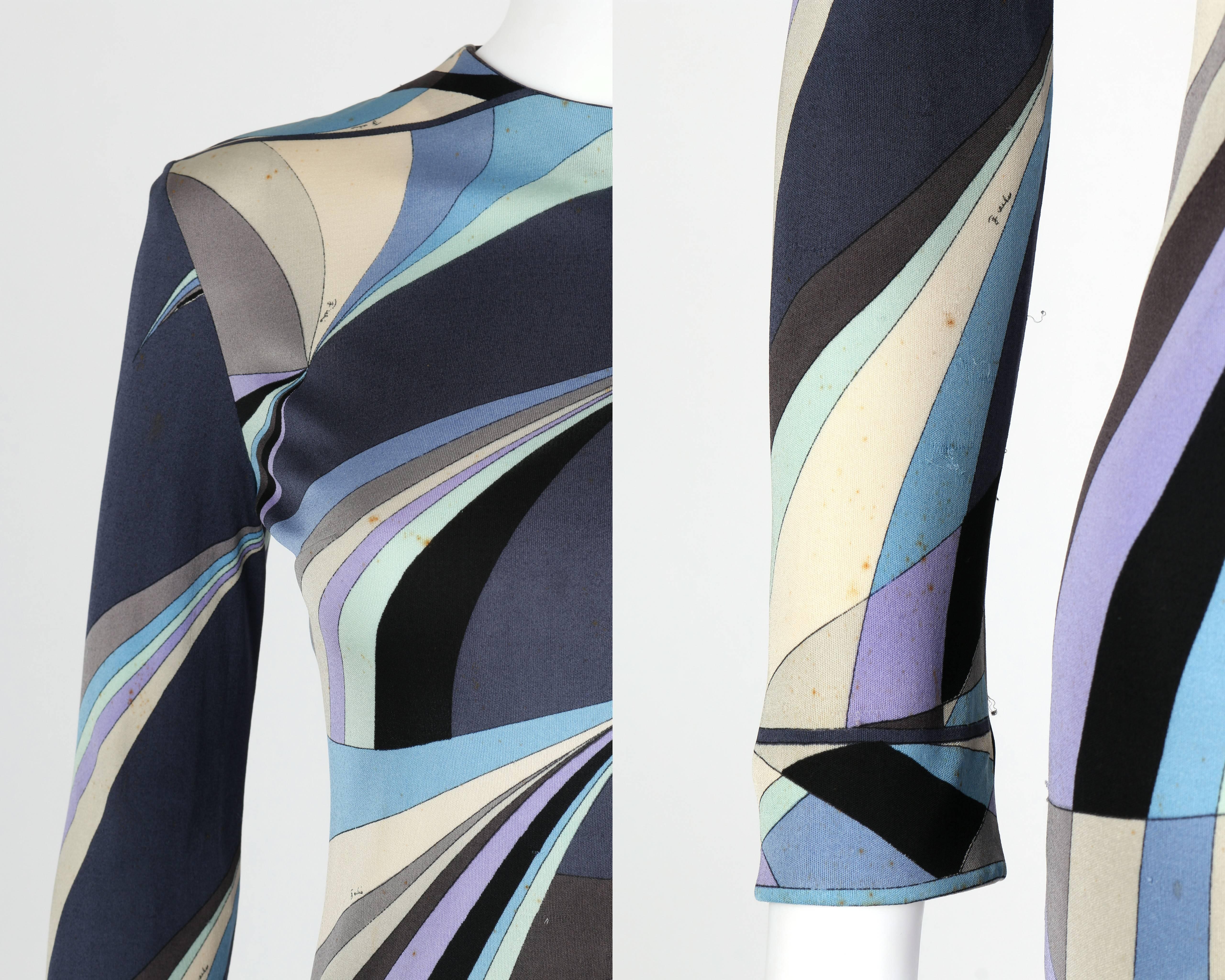 Gray EMILIO PUCCI c.1960's Blue Op Art Signature Print 100% Silk Jersey Sheath Dress