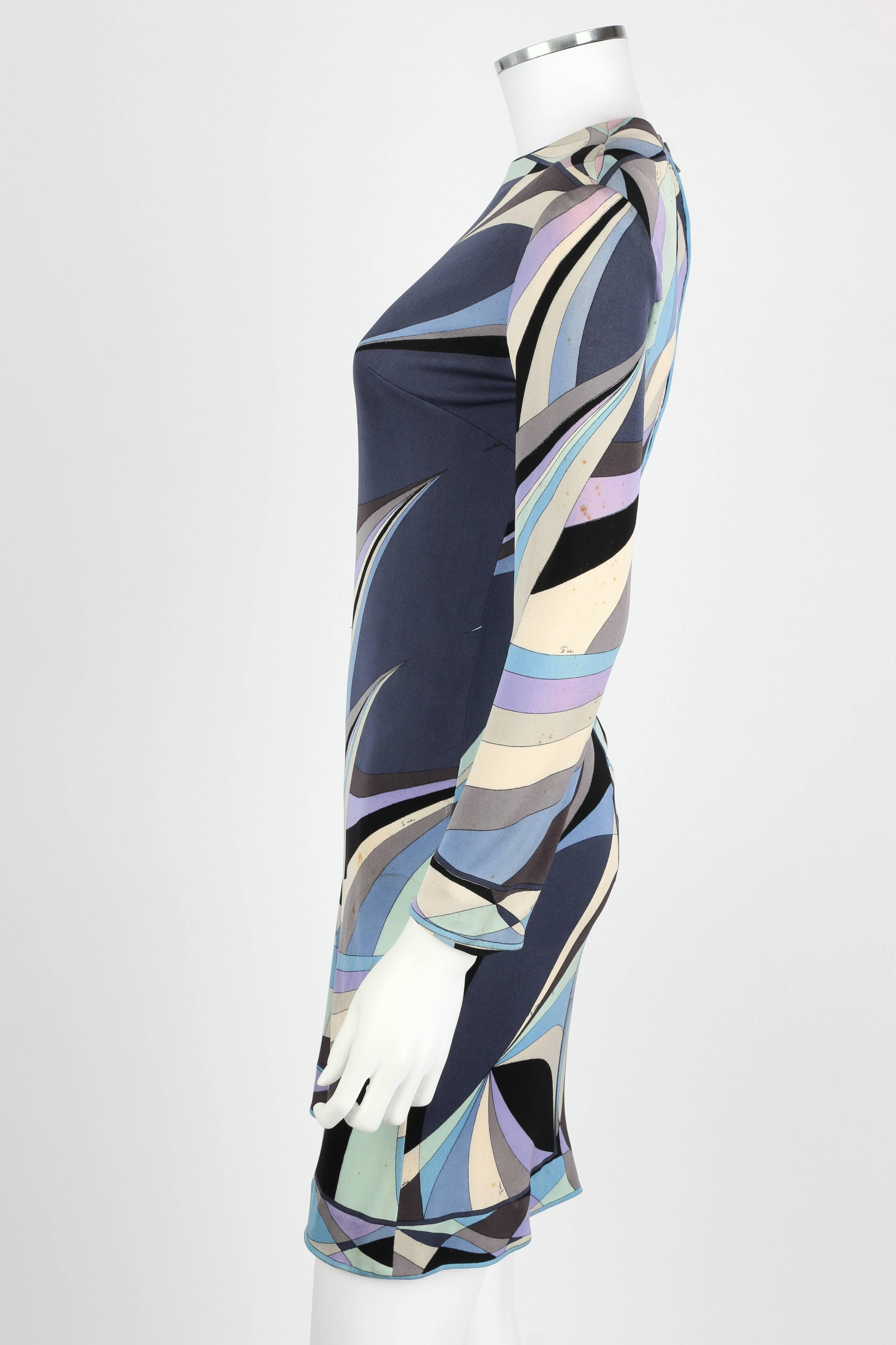  EMILIO PUCCI Robe fourreau en jersey de soie 100 % bleu imprimé Op Art Signature des années 1960 Pour femmes 