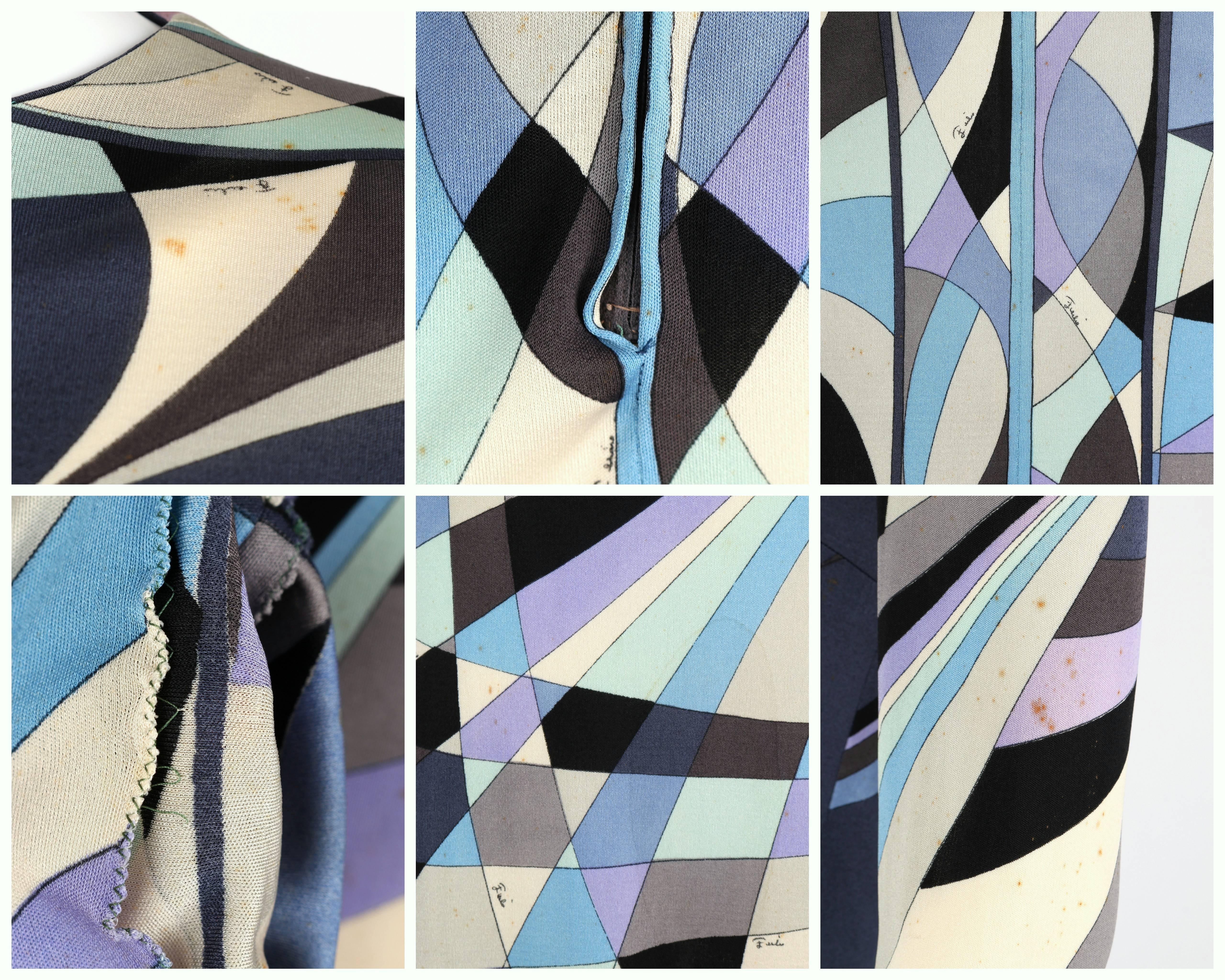 EMILIO PUCCI Robe fourreau en jersey de soie 100 % bleu imprimé Op Art Signature des années 1960 5