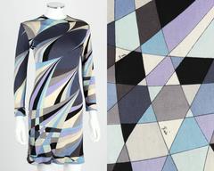 EMILIO PUCCI c.1960's Blue Op Art Signature Print 100% Silk Jersey Sheath Dress