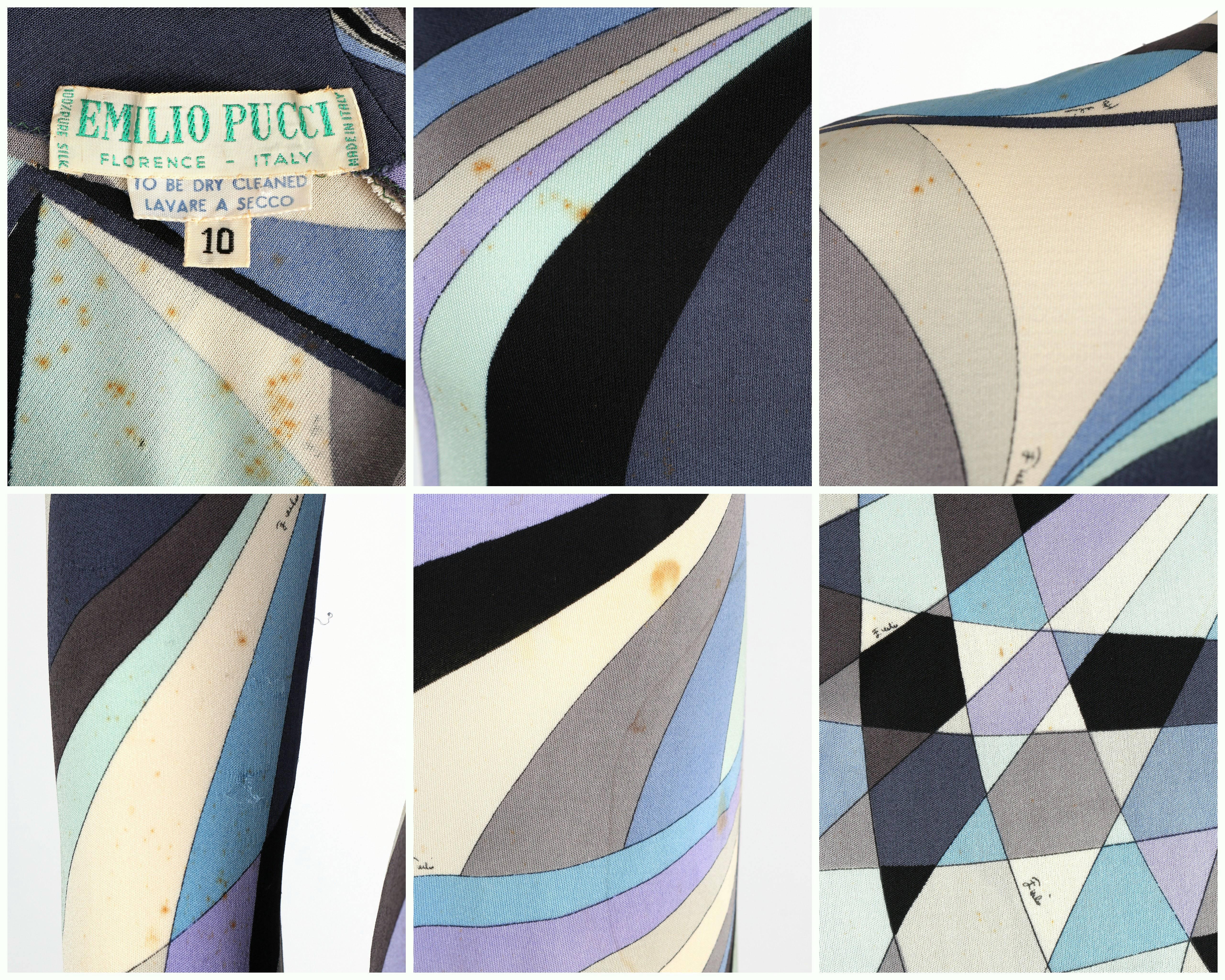 EMILIO PUCCI c.1960's Blue Op Art Signature Print 100% Silk Jersey Sheath Dress 1