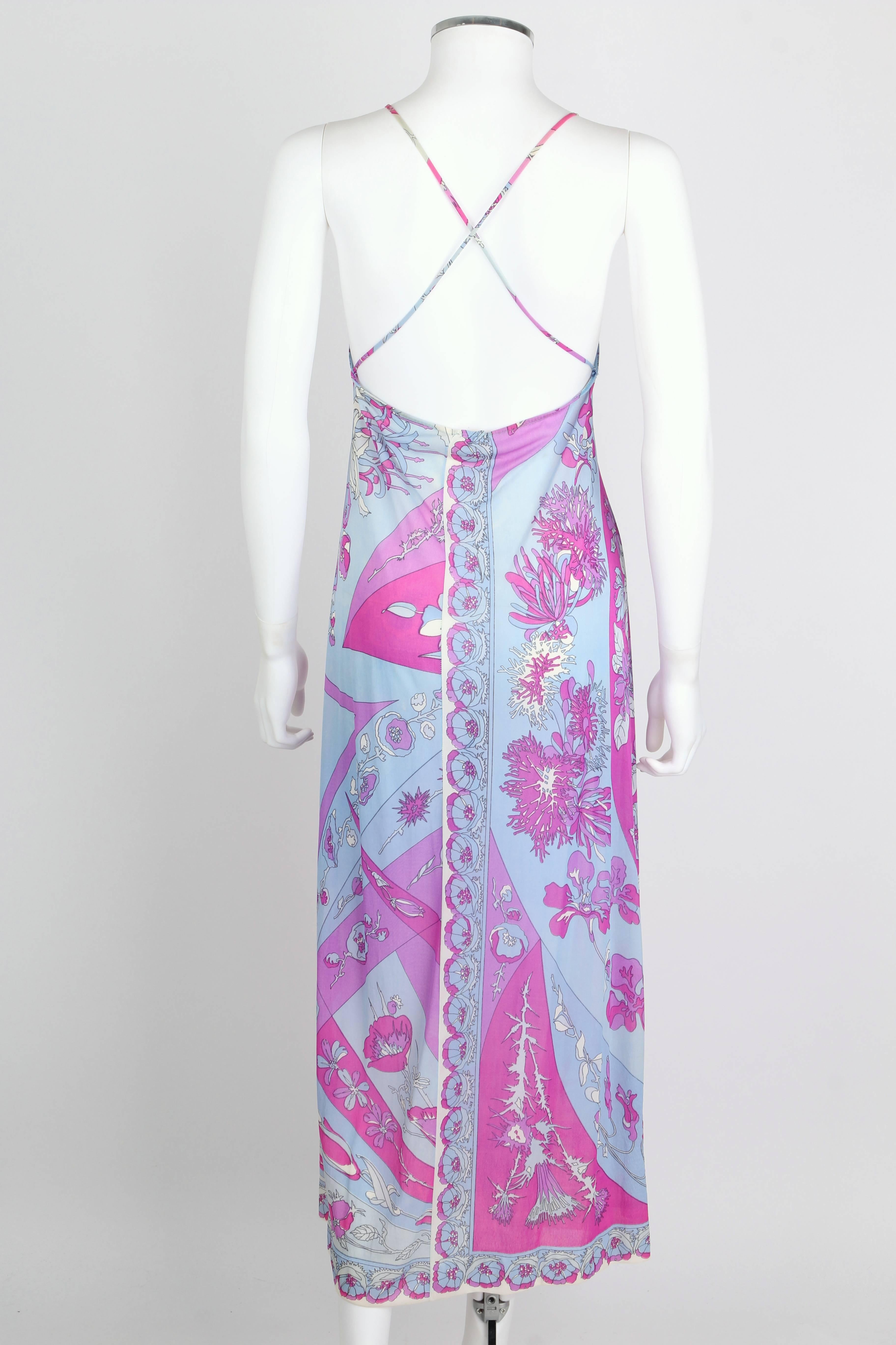 EMILIO PUCCI c.1970's Formfit Rogers Pale Blue Floral Print Long Slip Maxi Dress In Excellent Condition In Thiensville, WI