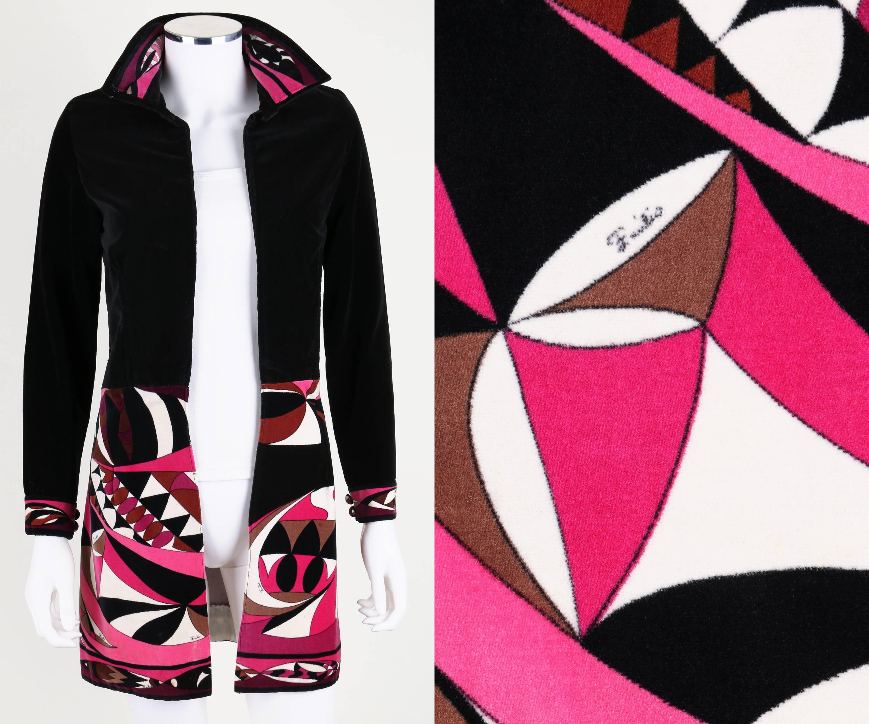 Vintage c.1960's-1970's one of a kind long jacket/blazer made of Emilio Pucci signature print velveteen. Solid black velveteen body with contrasting pink multicolor signature print bottom panel. Long sleeves button at cuffs. Decorative border detail