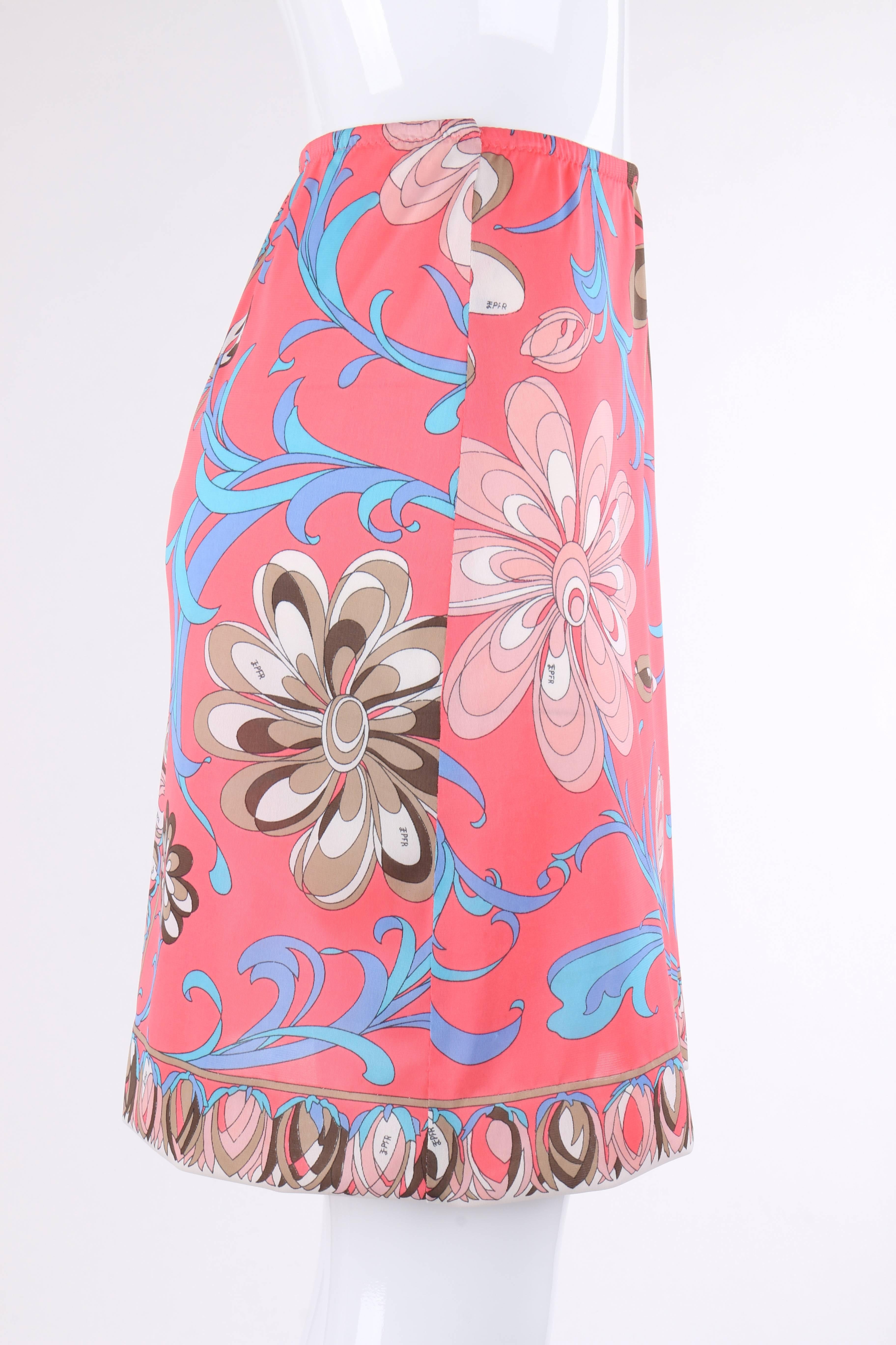 EMILIO PUCCI c.1960's Formfit Rogers Pink Multicolor Floral Print Slip Skirt In Excellent Condition In Thiensville, WI
