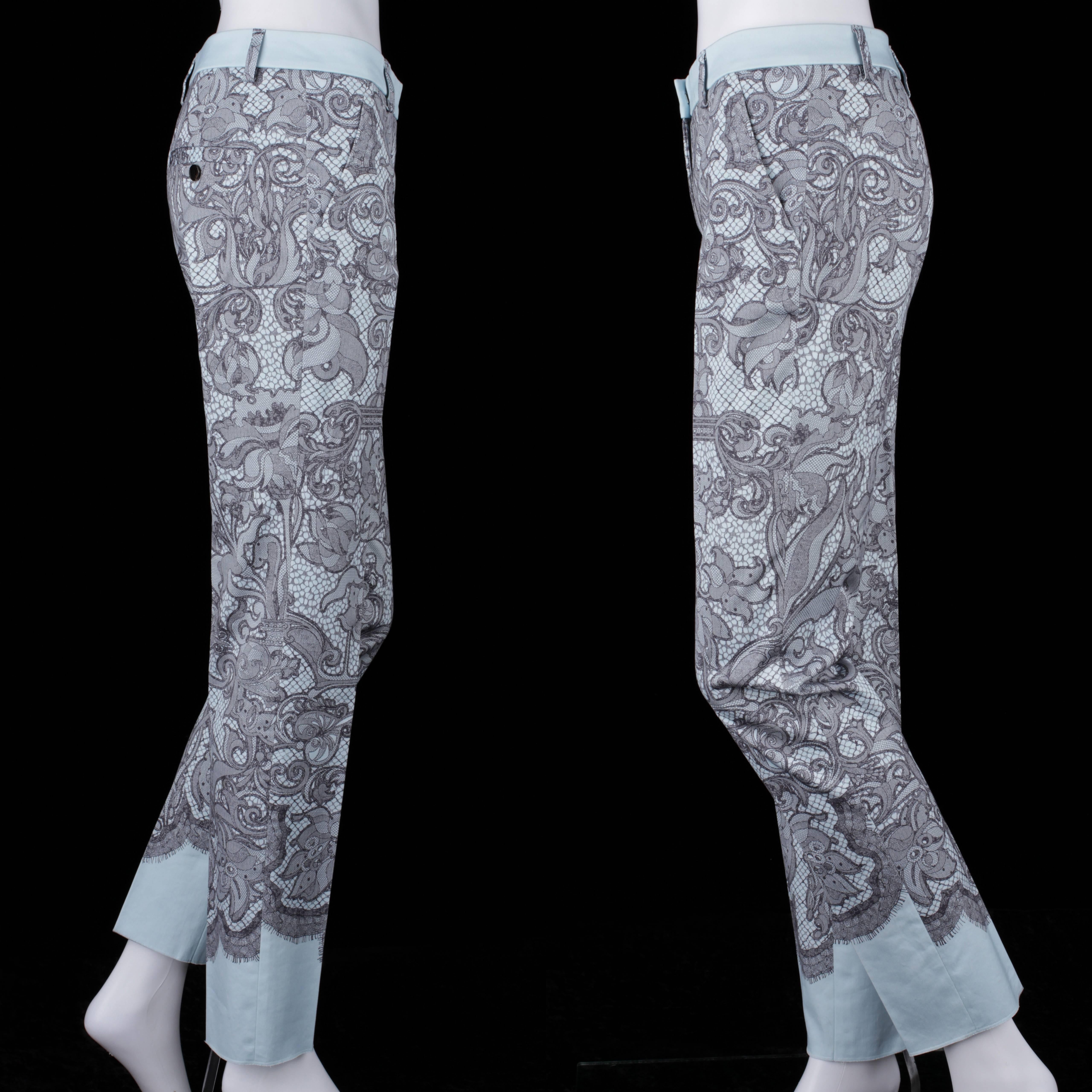 Gray EMILIO PUCCI Two Piece Pale Blue Lace Print Fitted Blazer Pants Suit Set Size 6