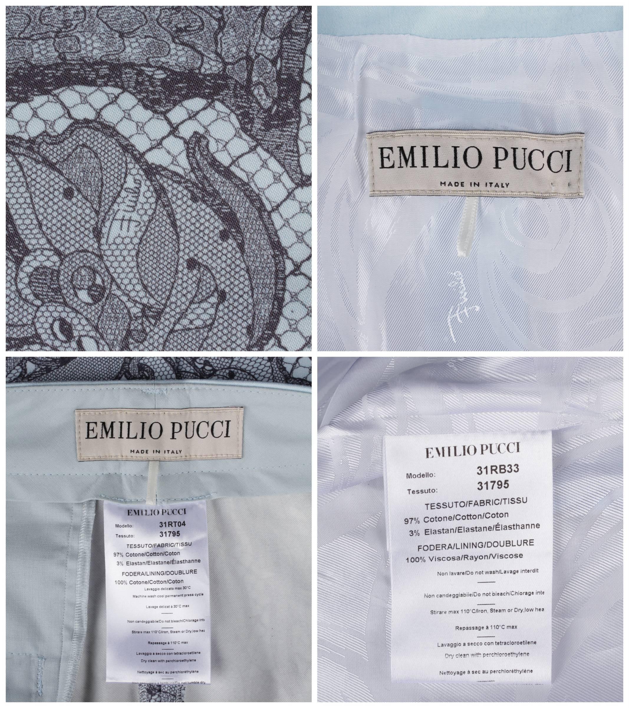 EMILIO PUCCI Two Piece Pale Blue Lace Print Fitted Blazer Pants Suit Set Size 6 2