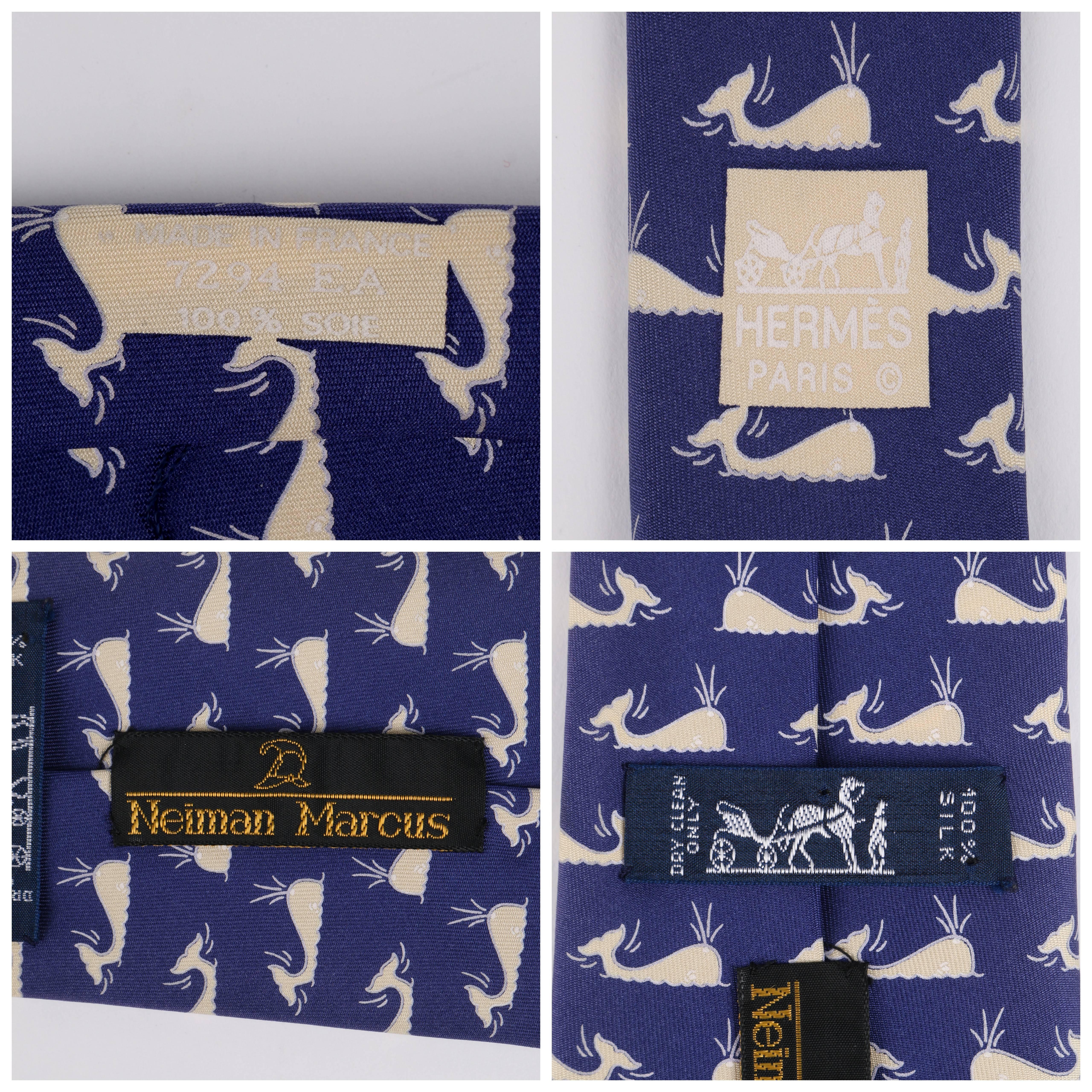 HERMES Cravate 5 plis en soie bleu royal blanc cassé imprimé baleine 7294 EA 1