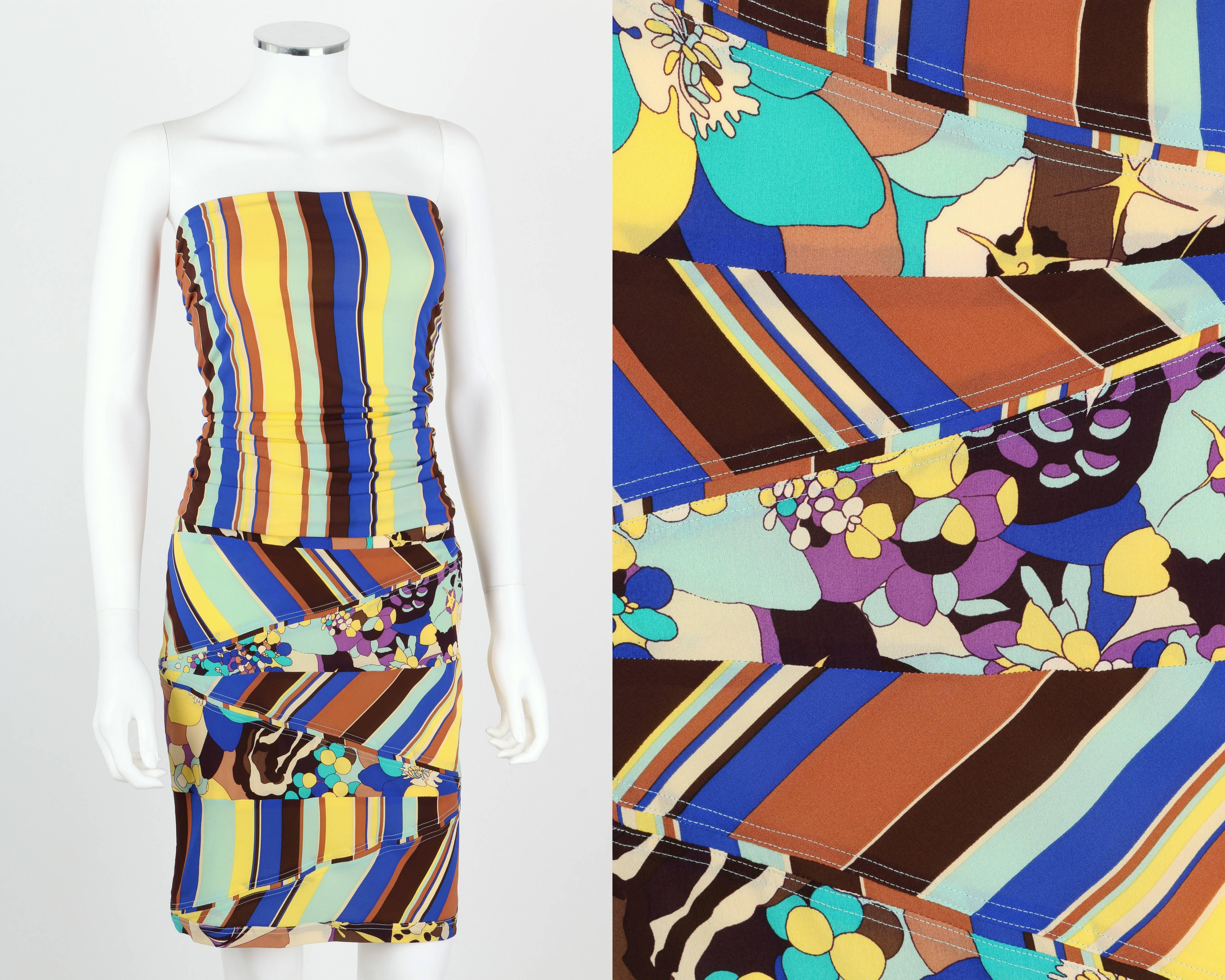 Vintage Gianni Versace Couture c.1990's two piece multicolor striped/floral patchwork print top and skirt set. Strapless top is ruched at sides. Left side hidden zipper. Skirt has side zipper closure. Both pieces are fully lined. Please note that