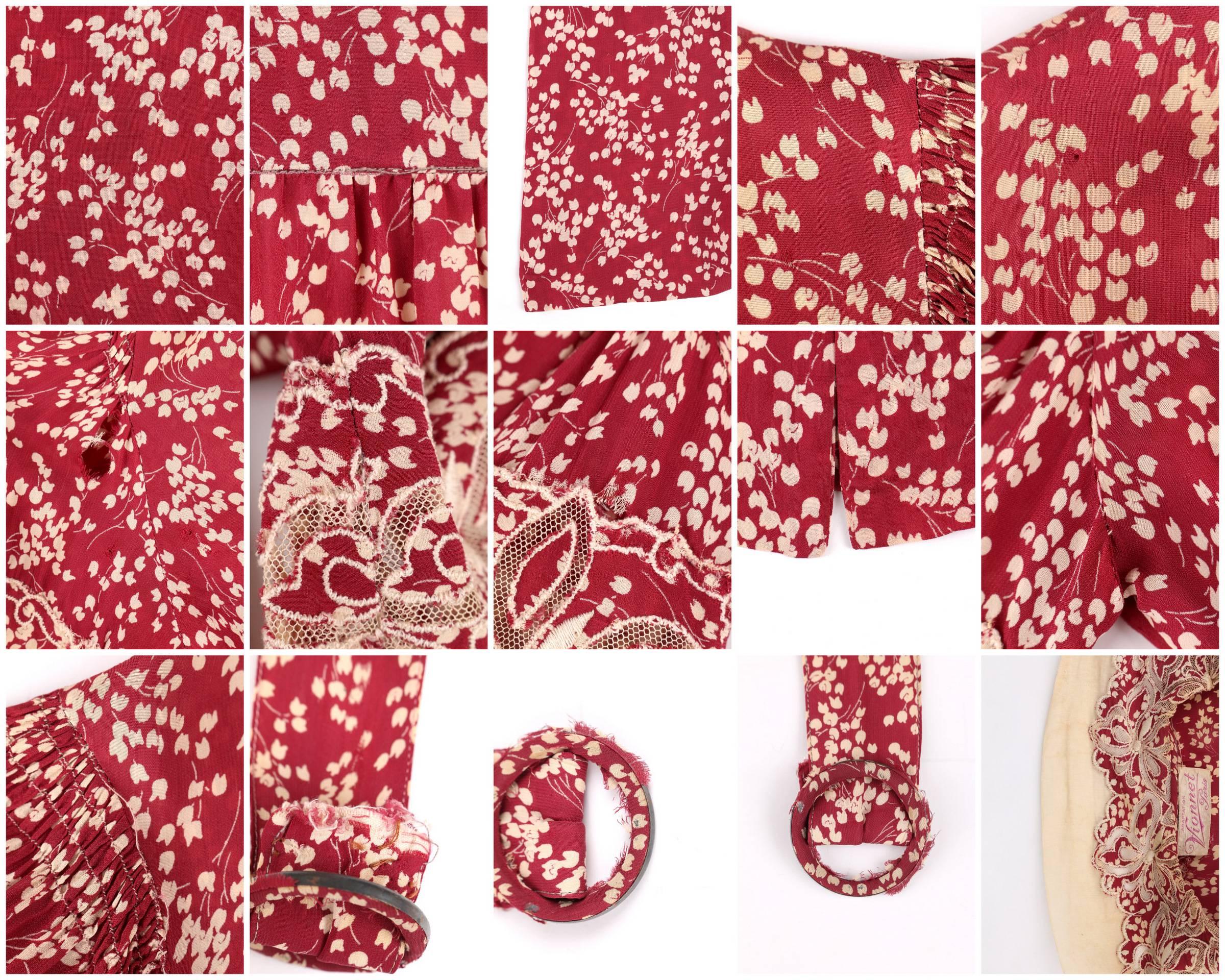 MADELEINE VIONNET ca. 1930er Jahre nummeriertes burgunderrotes cremefarbenes Kleid Jacke Gürtel-Set 3