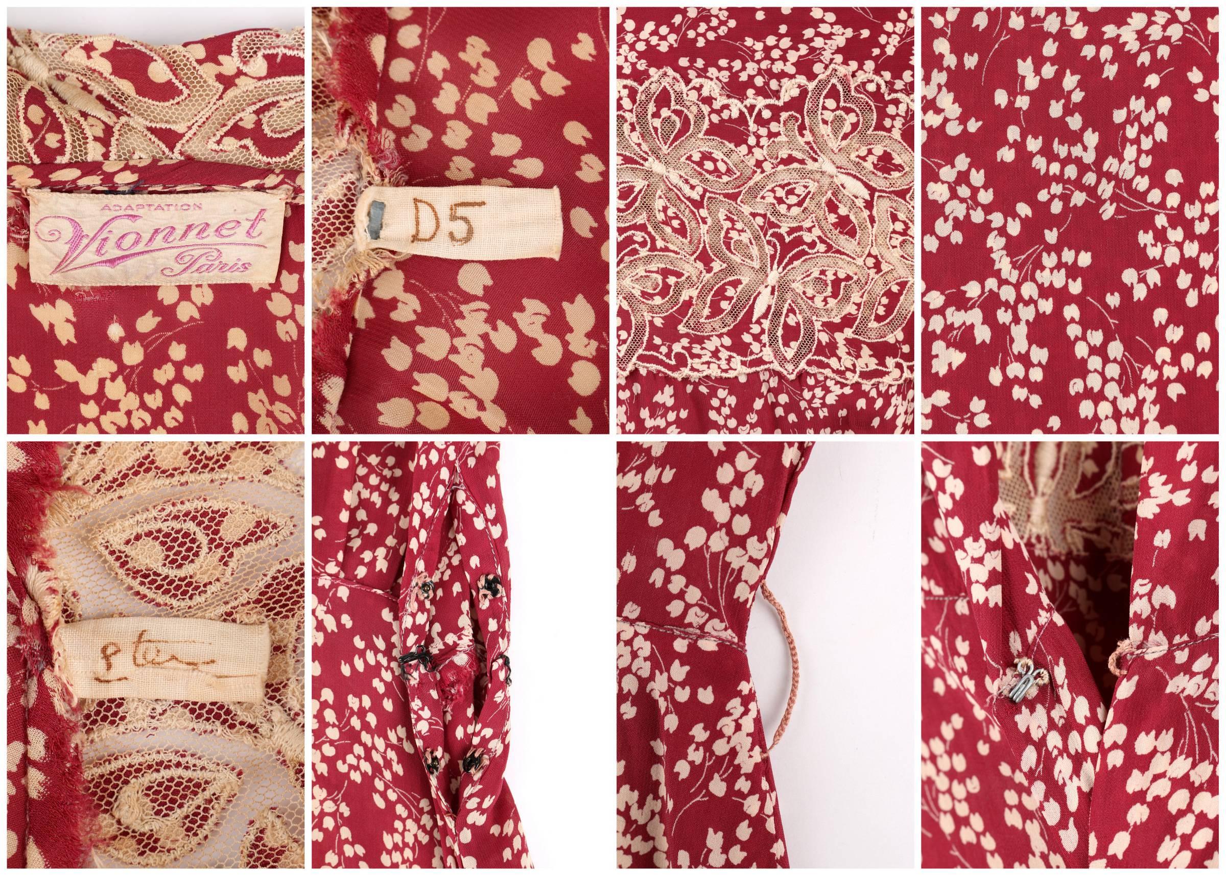 MADELEINE VIONNET ca. 1930er Jahre nummeriertes burgunderrotes cremefarbenes Kleid Jacke Gürtel-Set 1