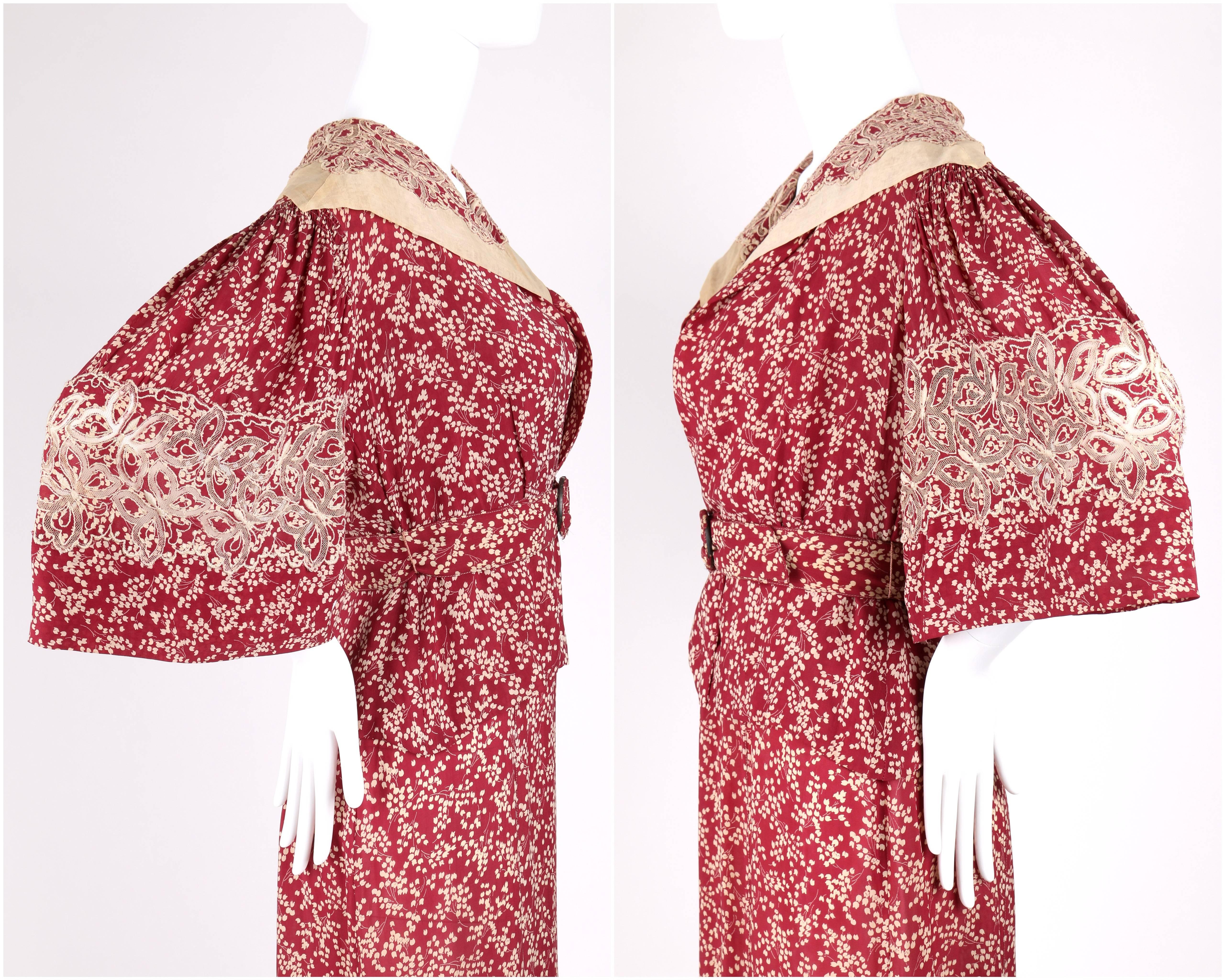 MADELEINE VIONNET ca. 1930er Jahre nummeriertes burgunderrotes cremefarbenes Kleid Jacke Gürtel-Set Damen