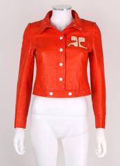 COURREGES PARIS c.1970's Orange Signature Logo Mod Vinyl Faux Leather Jacket