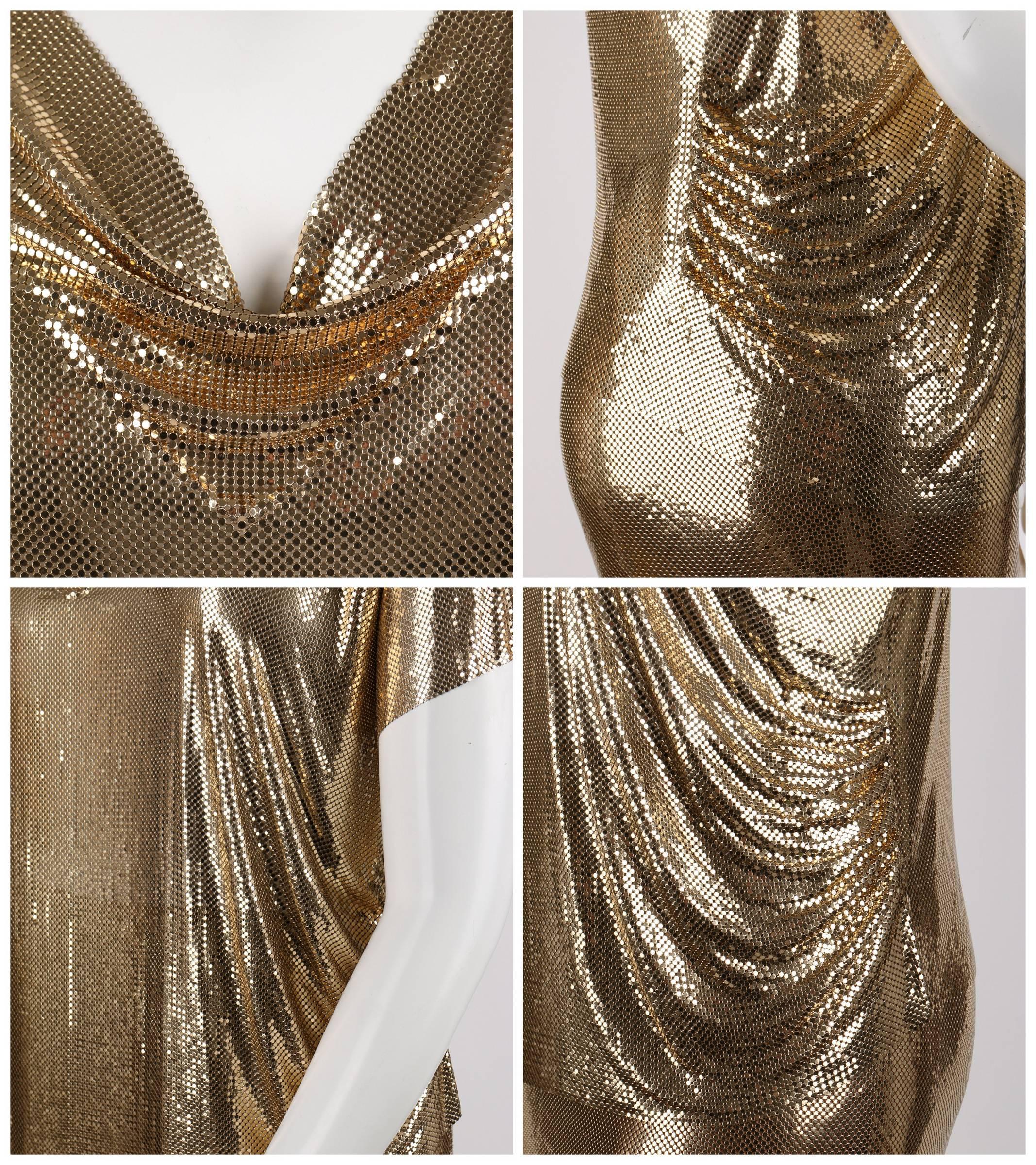 Women's WHITING AND DAVIS c.1970's Gold Metal Mesh Cowl Neck Top Skirt Dress Set Size L